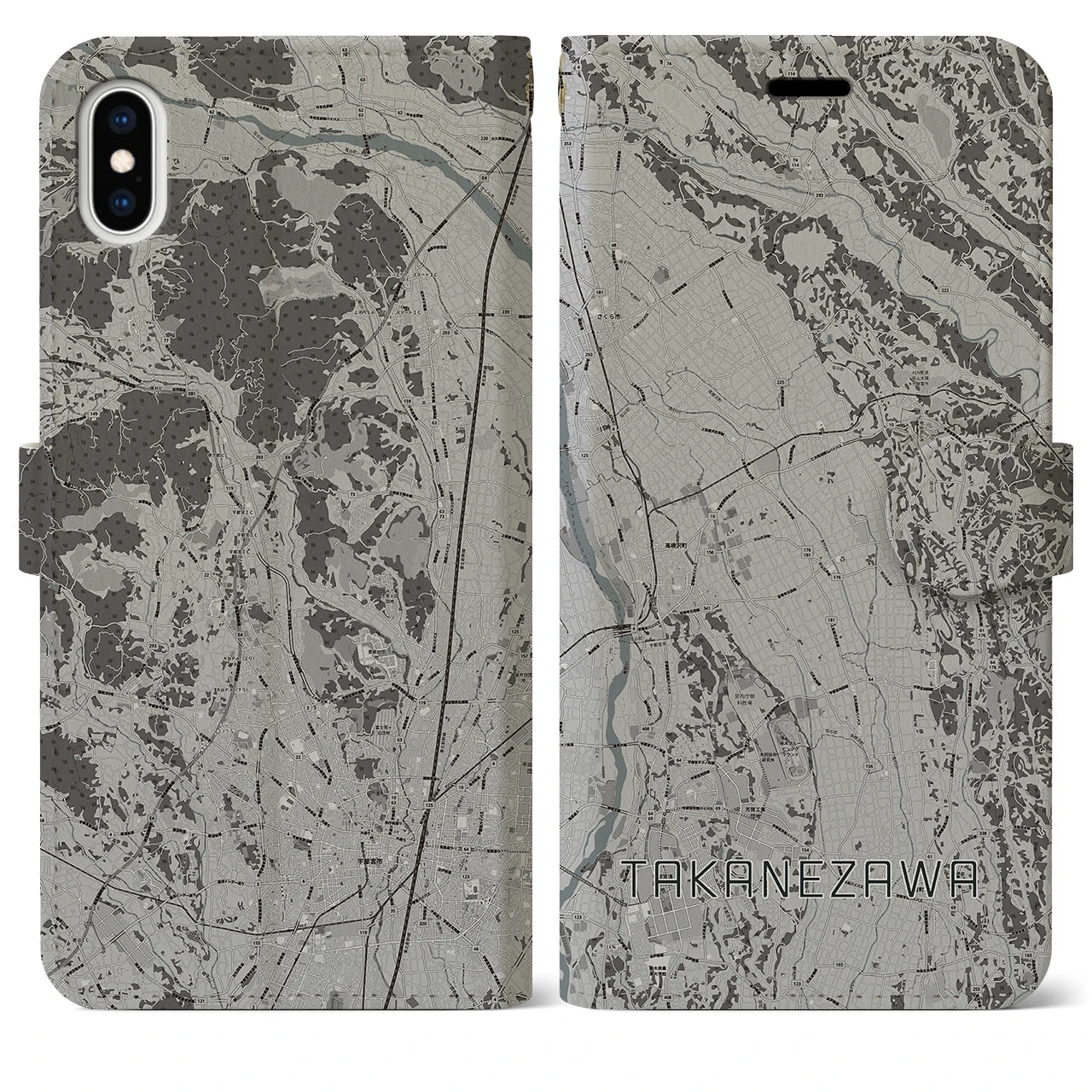 【高根沢(栃木県)】地図柄iPhoneケース(手帳タイプ)モノトーン・iPhone XS Max 用