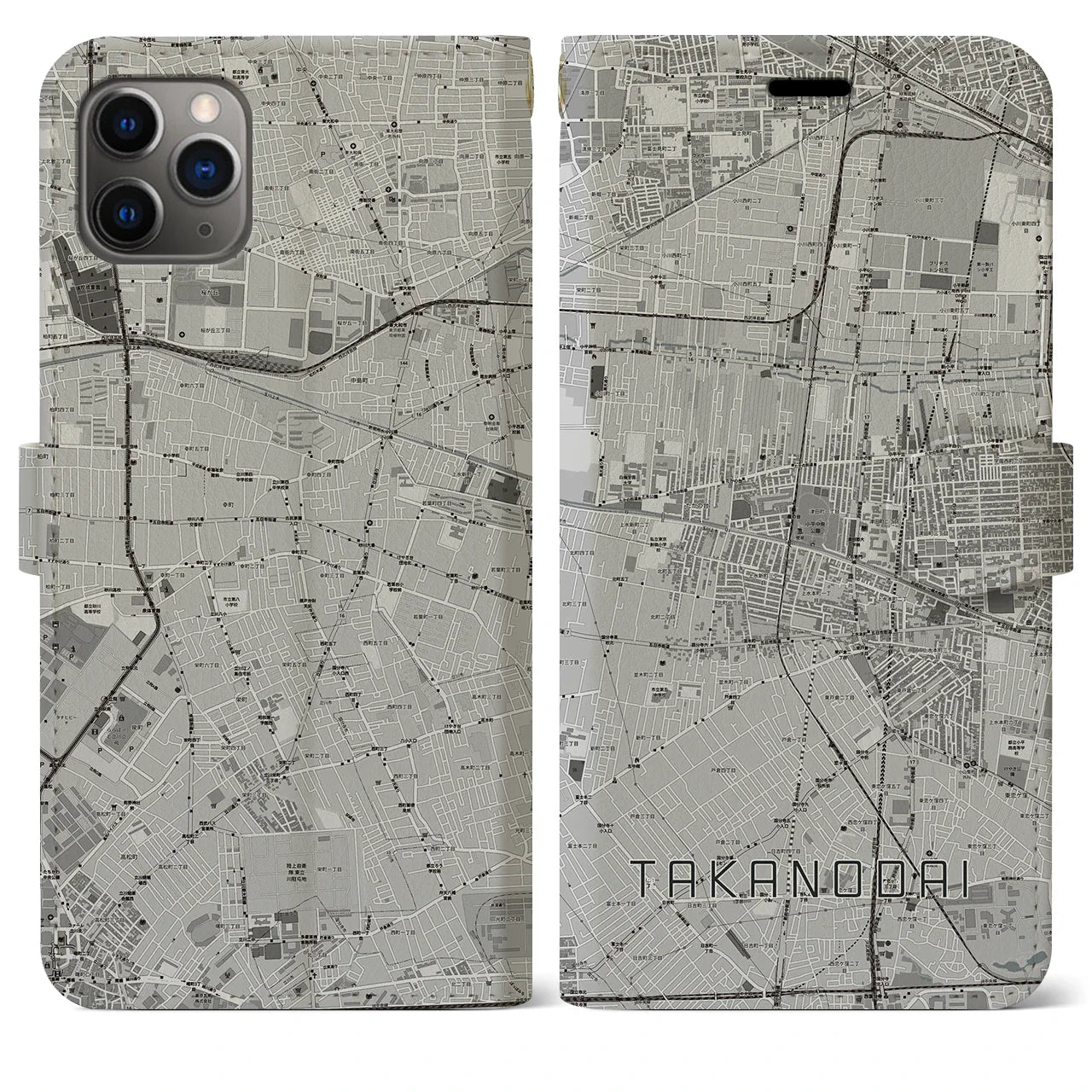 【鷹の台(東京都)】地図柄iPhoneケース(手帳タイプ)モノトーン・iPhone 11 Pro Max 用