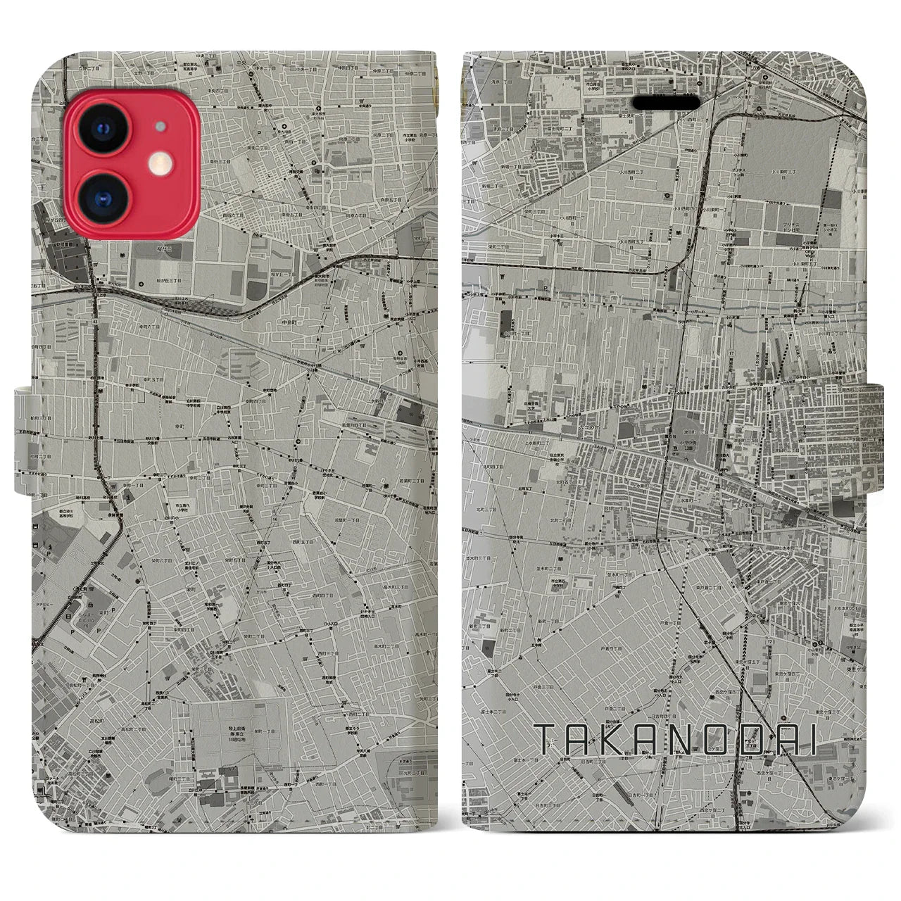 【鷹の台(東京都)】地図柄iPhoneケース(手帳タイプ)モノトーン・iPhone 11 用
