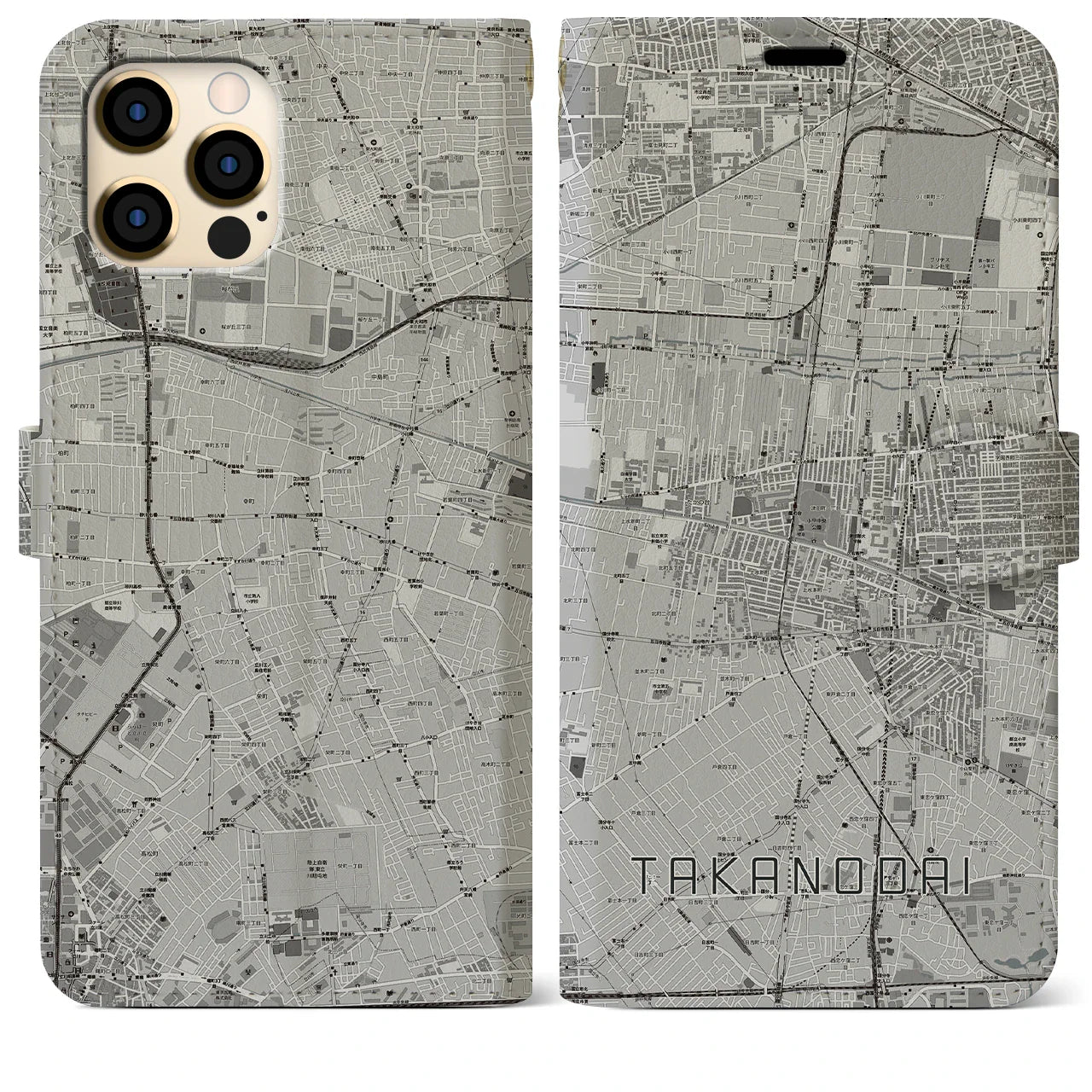 【鷹の台(東京都)】地図柄iPhoneケース(手帳タイプ)モノトーン・iPhone 12 Pro Max 用