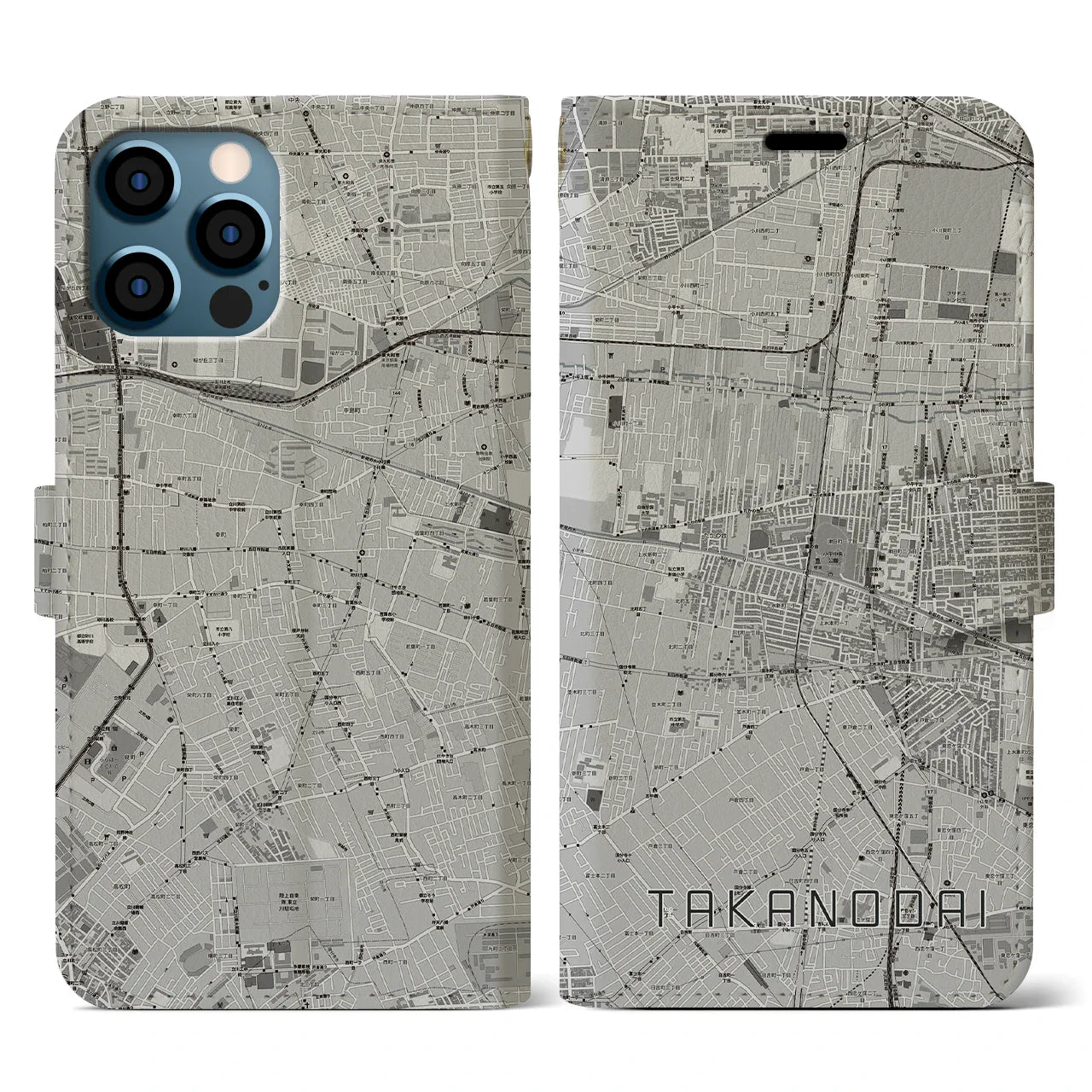 【鷹の台(東京都)】地図柄iPhoneケース(手帳タイプ)モノトーン・iPhone 12 / 12 Pro 用