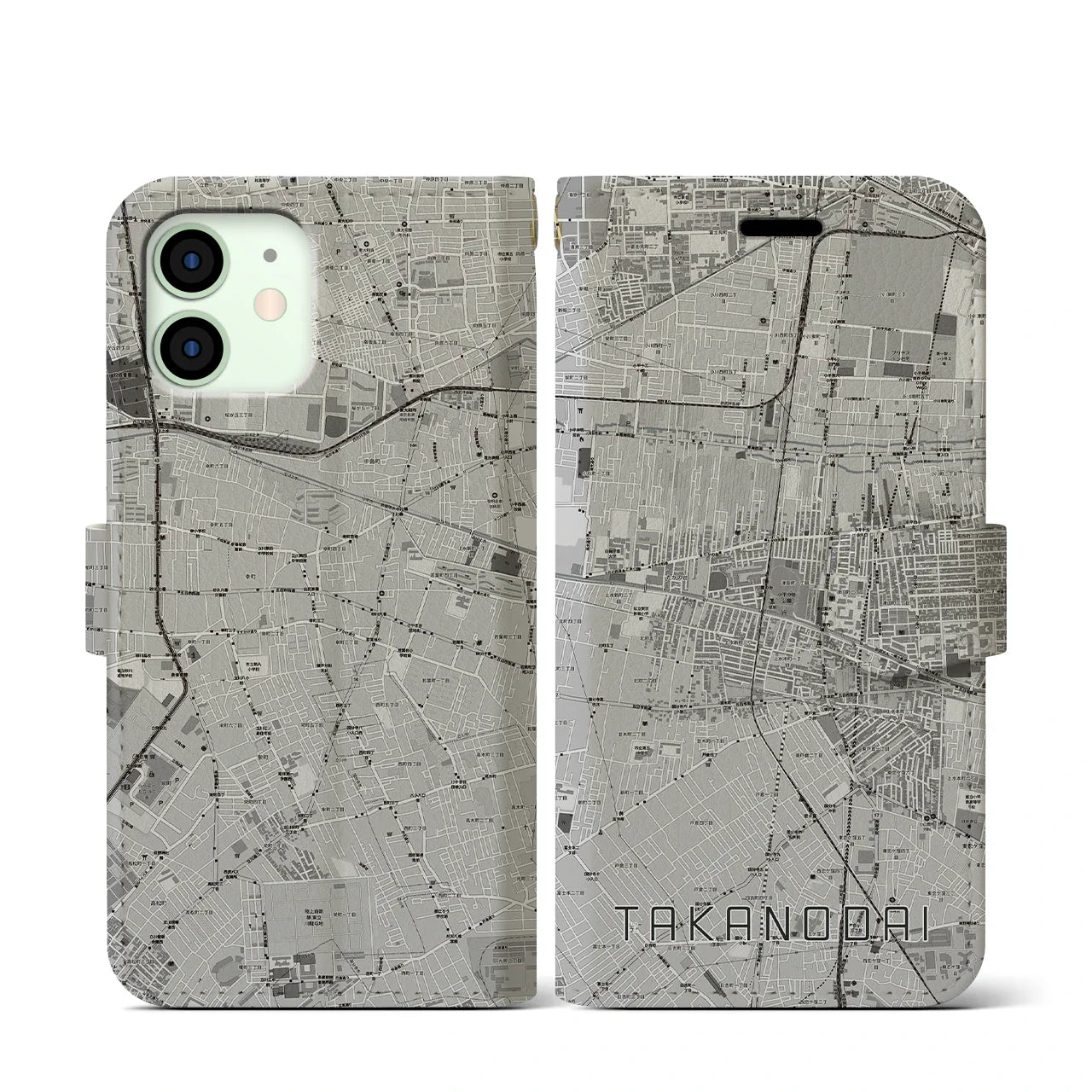 【鷹の台(東京都)】地図柄iPhoneケース(手帳タイプ)モノトーン・iPhone 12 mini 用