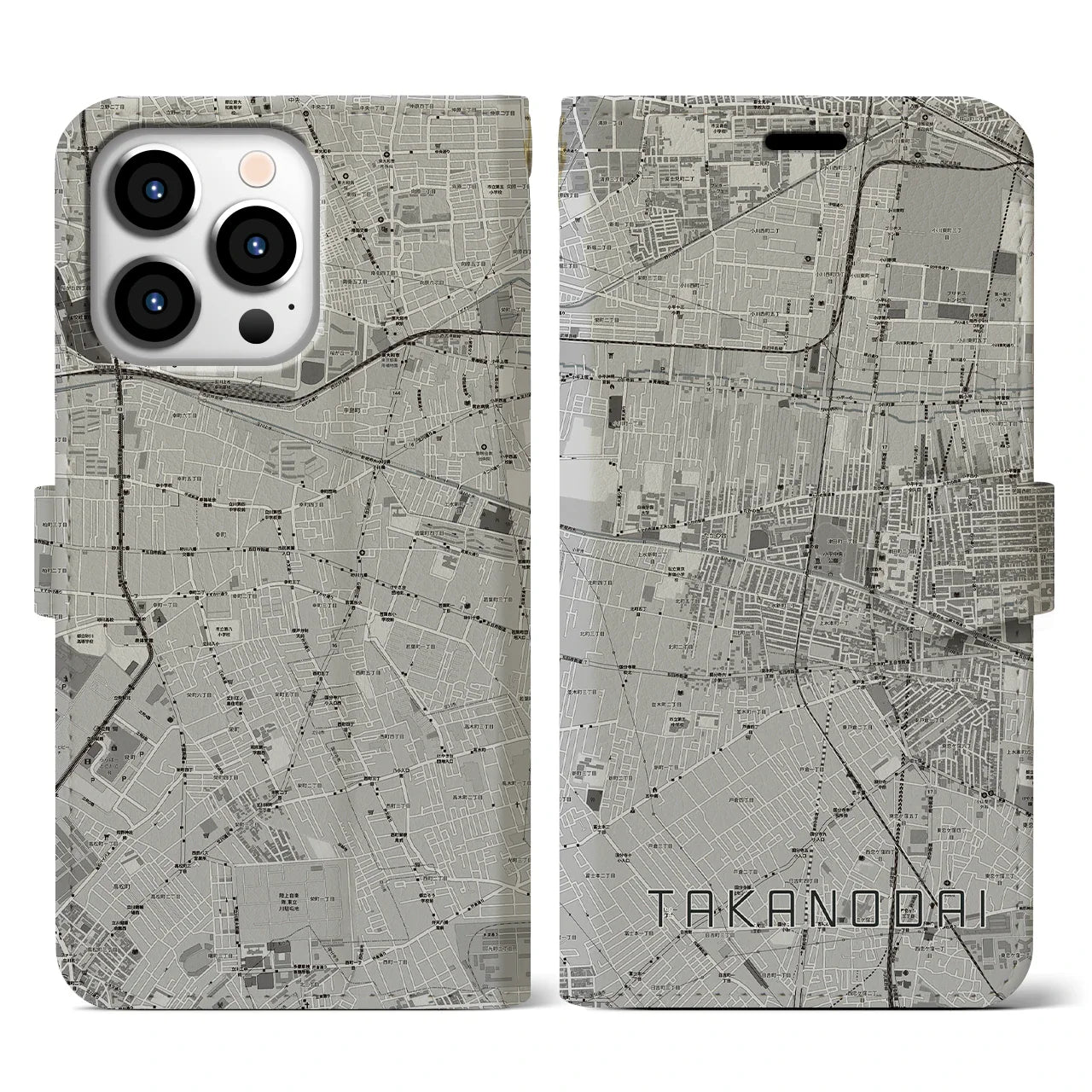 【鷹の台(東京都)】地図柄iPhoneケース(手帳タイプ)モノトーン・iPhone 13 Pro 用