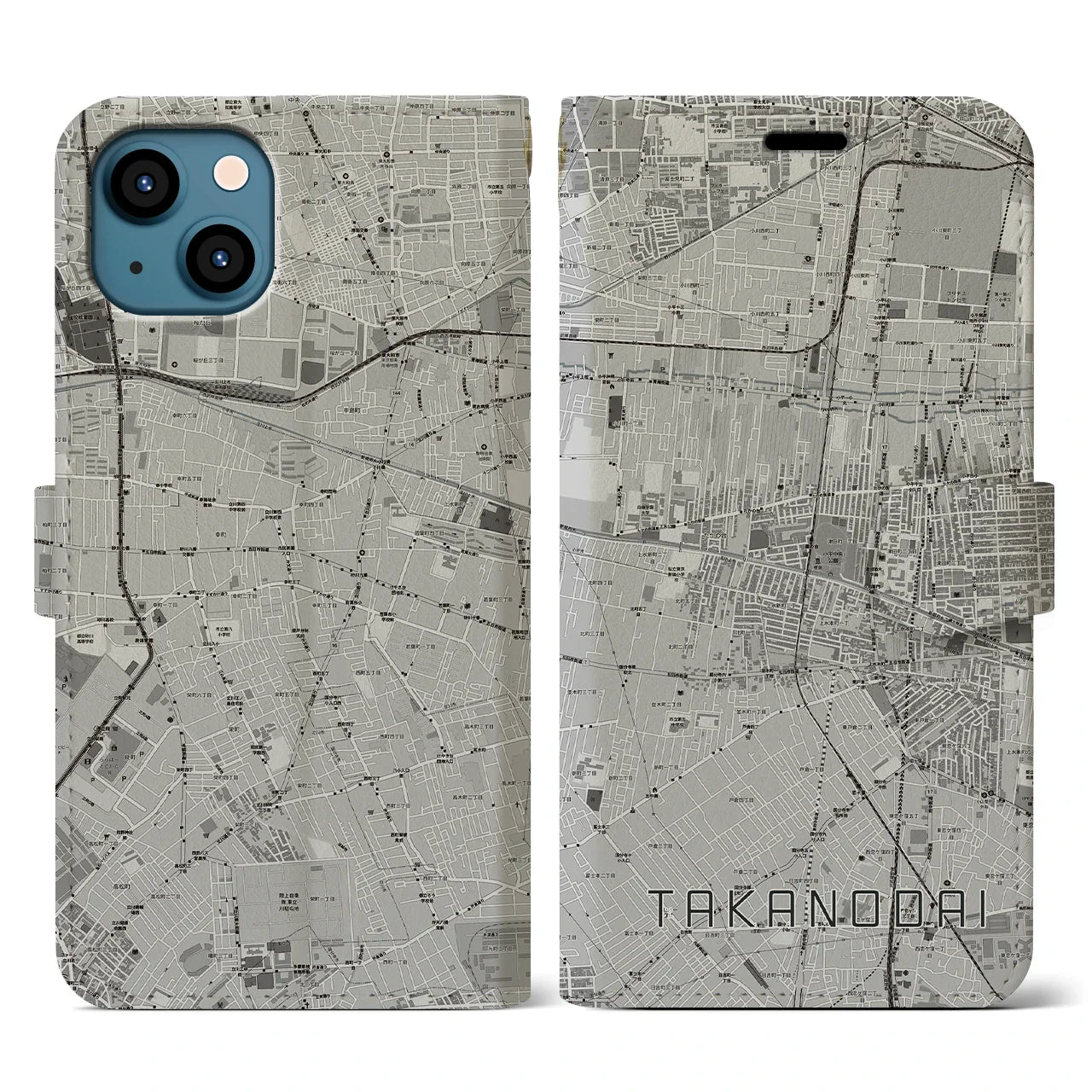 【鷹の台(東京都)】地図柄iPhoneケース(手帳タイプ)モノトーン・iPhone 13 用