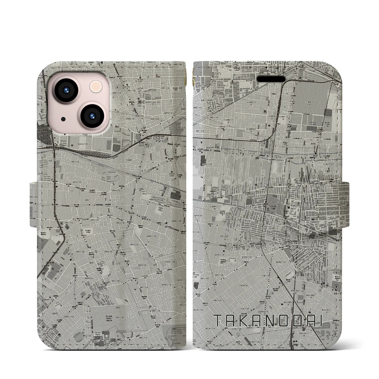【鷹の台(東京都)】地図柄iPhoneケース(手帳タイプ)モノトーン・iPhone 13 mini 用