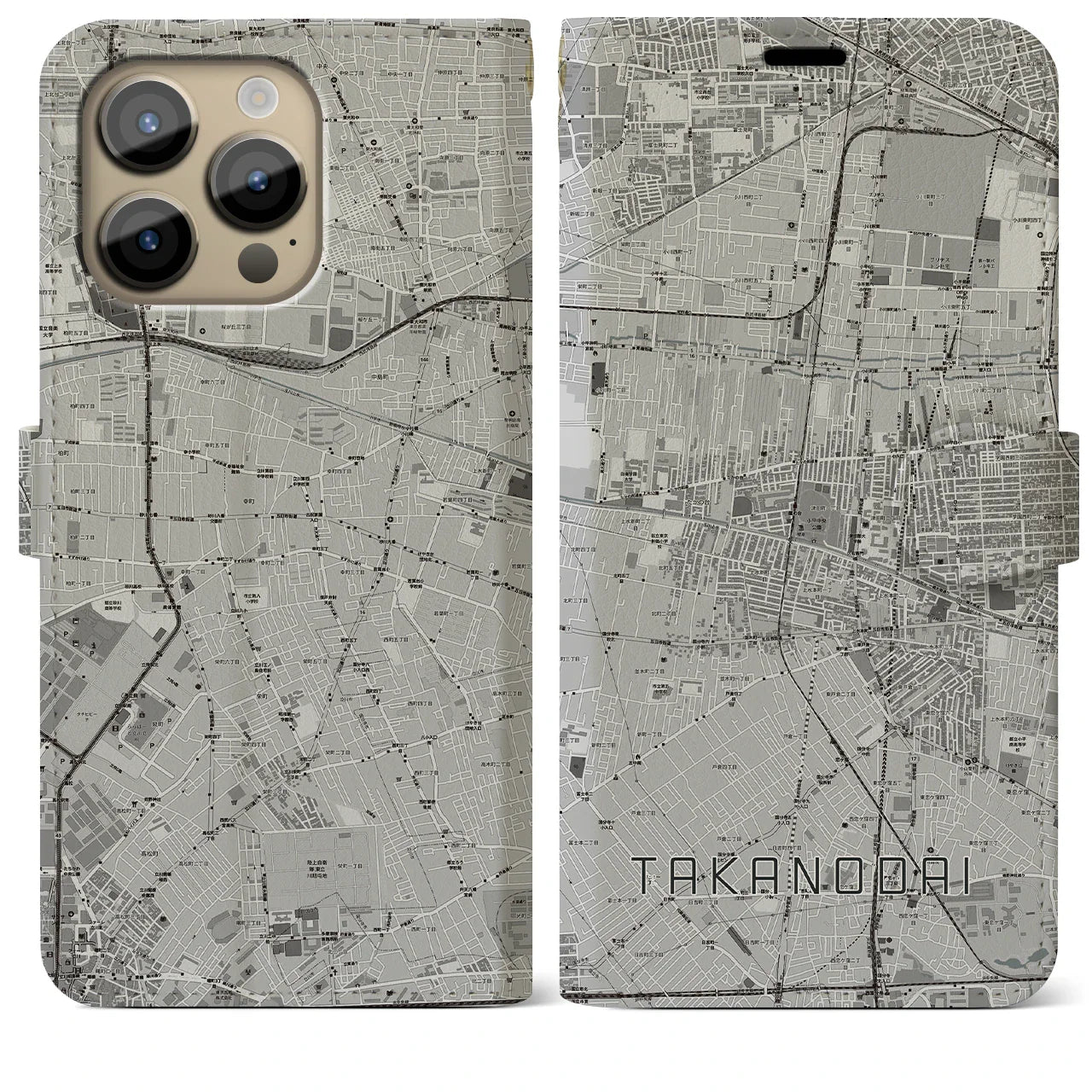 【鷹の台(東京都)】地図柄iPhoneケース(手帳タイプ)モノトーン・iPhone 14 Pro Max 用