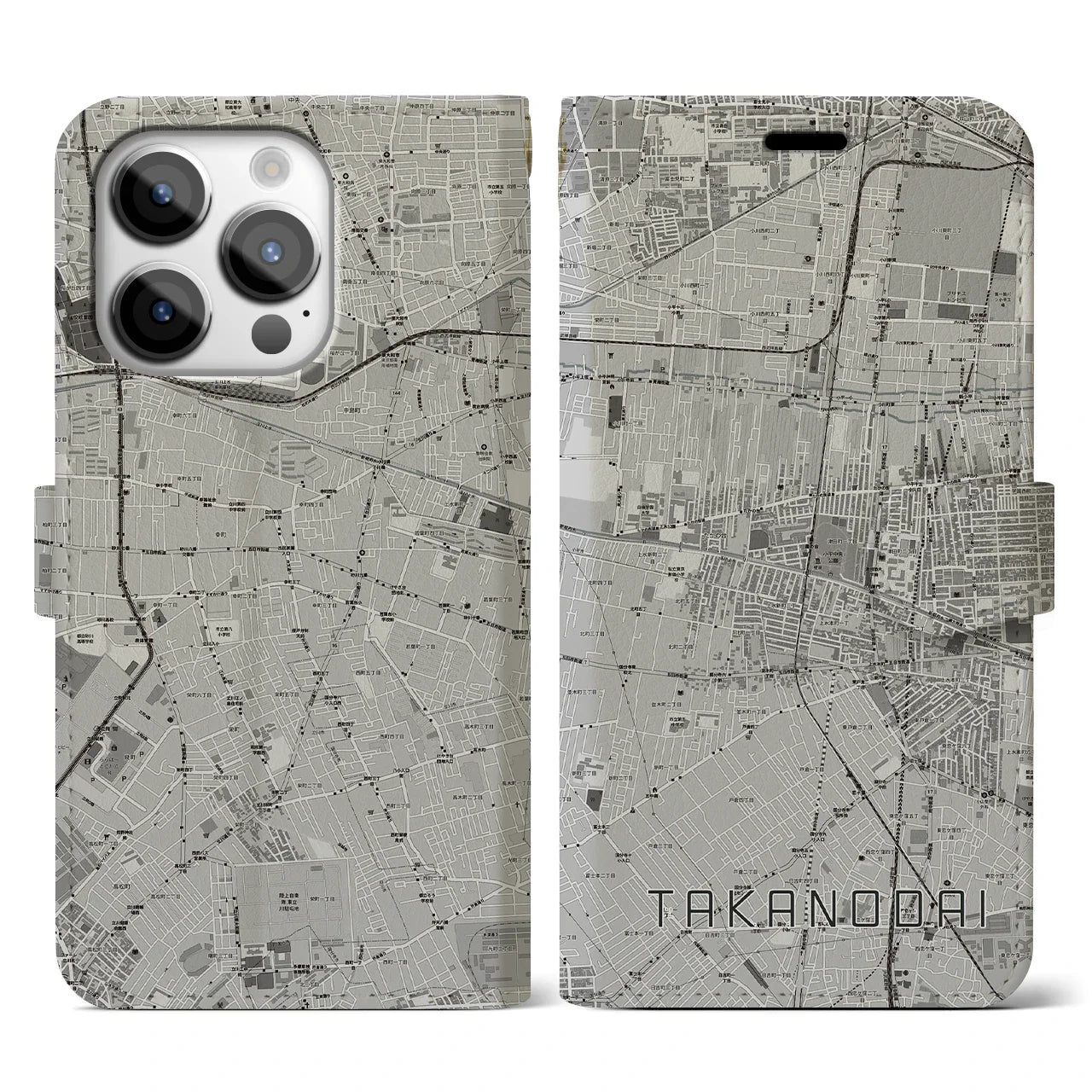 【鷹の台(東京都)】地図柄iPhoneケース(手帳タイプ)モノトーン・iPhone 14 Pro 用