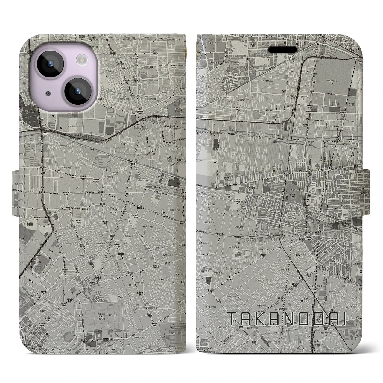 【鷹の台(東京都)】地図柄iPhoneケース(手帳タイプ)モノトーン・iPhone 14 用