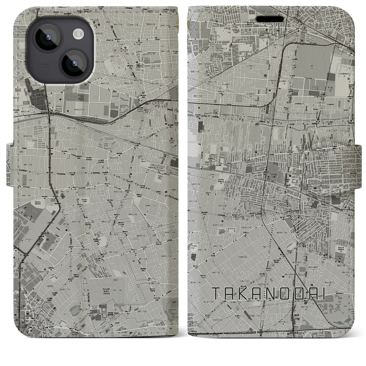 【鷹の台(東京都)】地図柄iPhoneケース(手帳タイプ)モノトーン・iPhone 14 Plus 用