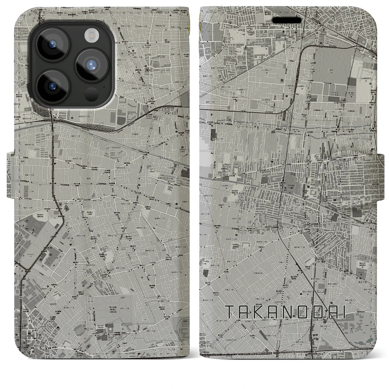 【鷹の台(東京都)】地図柄iPhoneケース(手帳タイプ)モノトーン・iPhone 15 Pro Max 用