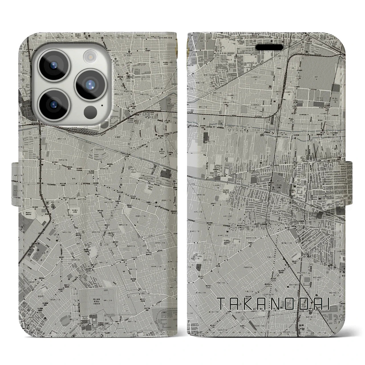 【鷹の台(東京都)】地図柄iPhoneケース(手帳タイプ)モノトーン・iPhone 15 Pro 用