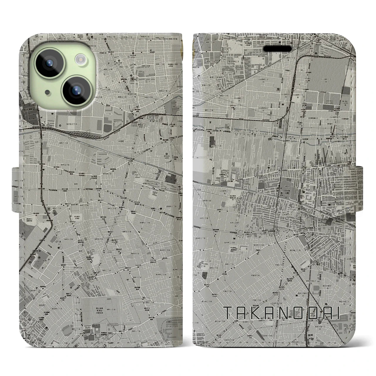 【鷹の台(東京都)】地図柄iPhoneケース(手帳タイプ)モノトーン・iPhone 15 用
