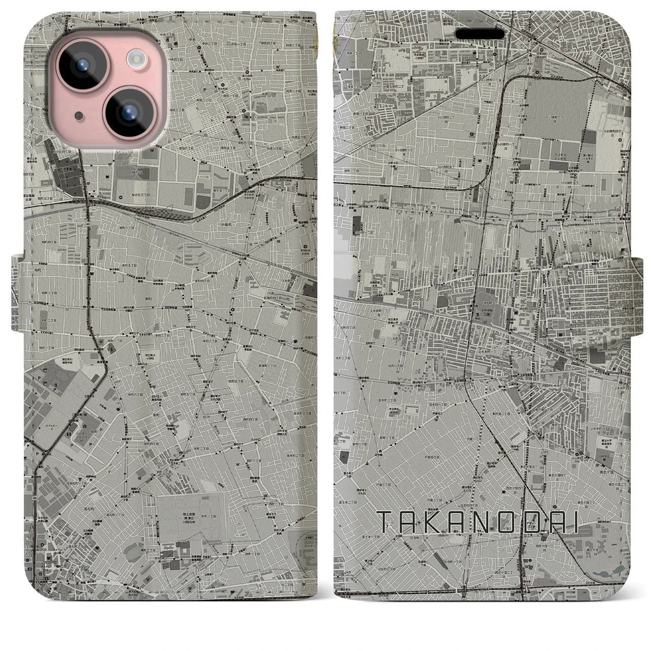 【鷹の台(東京都)】地図柄iPhoneケース(手帳タイプ)モノトーン・iPhone 15 Plus 用