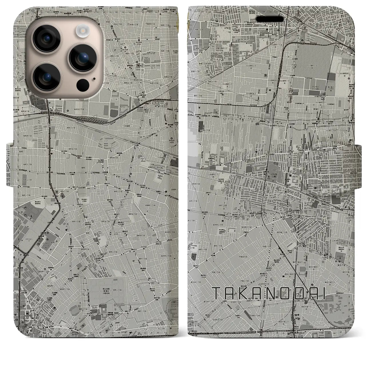 【鷹の台(東京都)】地図柄iPhoneケース(手帳タイプ)モノトーン・iPhone 16 Plus 用