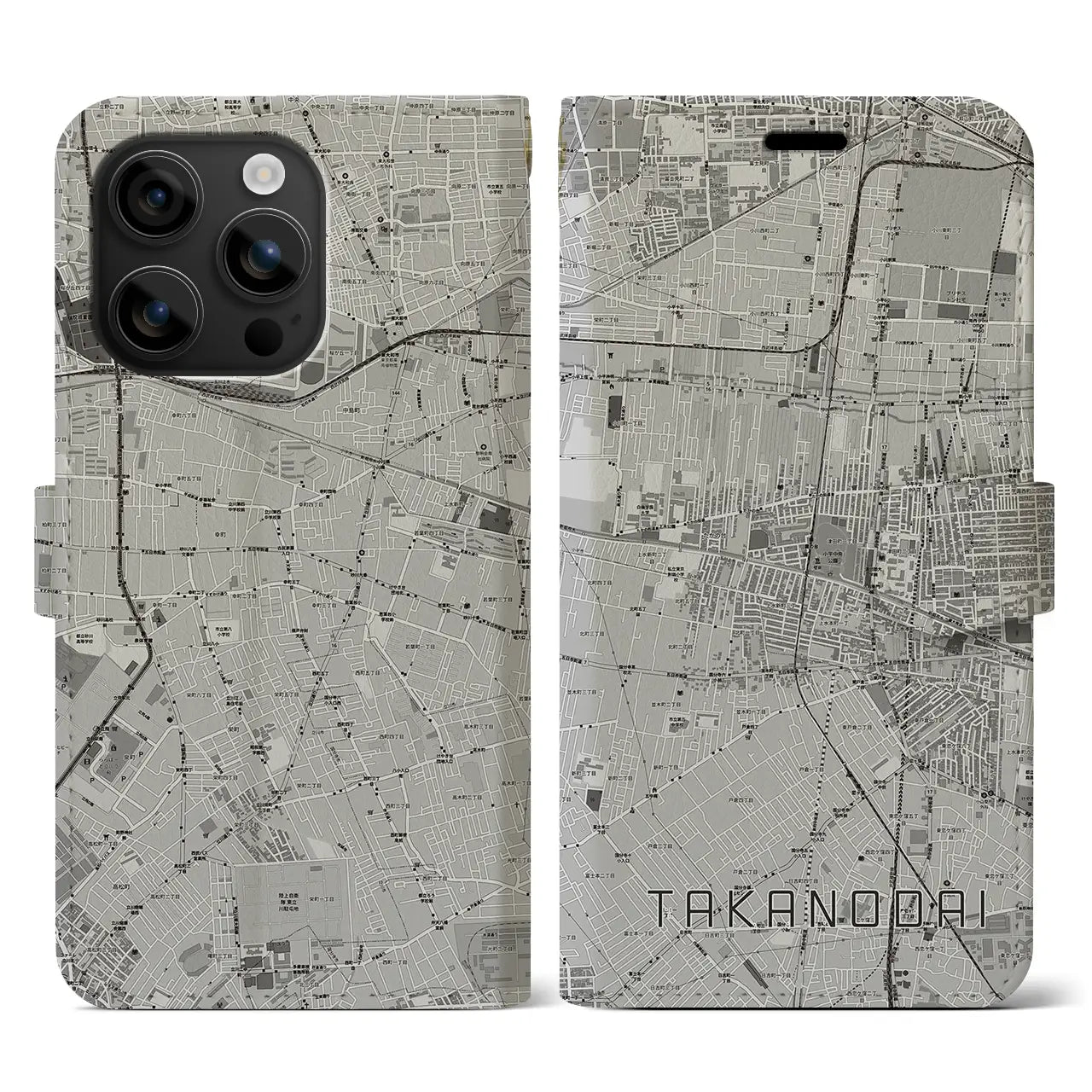 【鷹の台(東京都)】地図柄iPhoneケース(手帳タイプ)モノトーン・iPhone 16 用