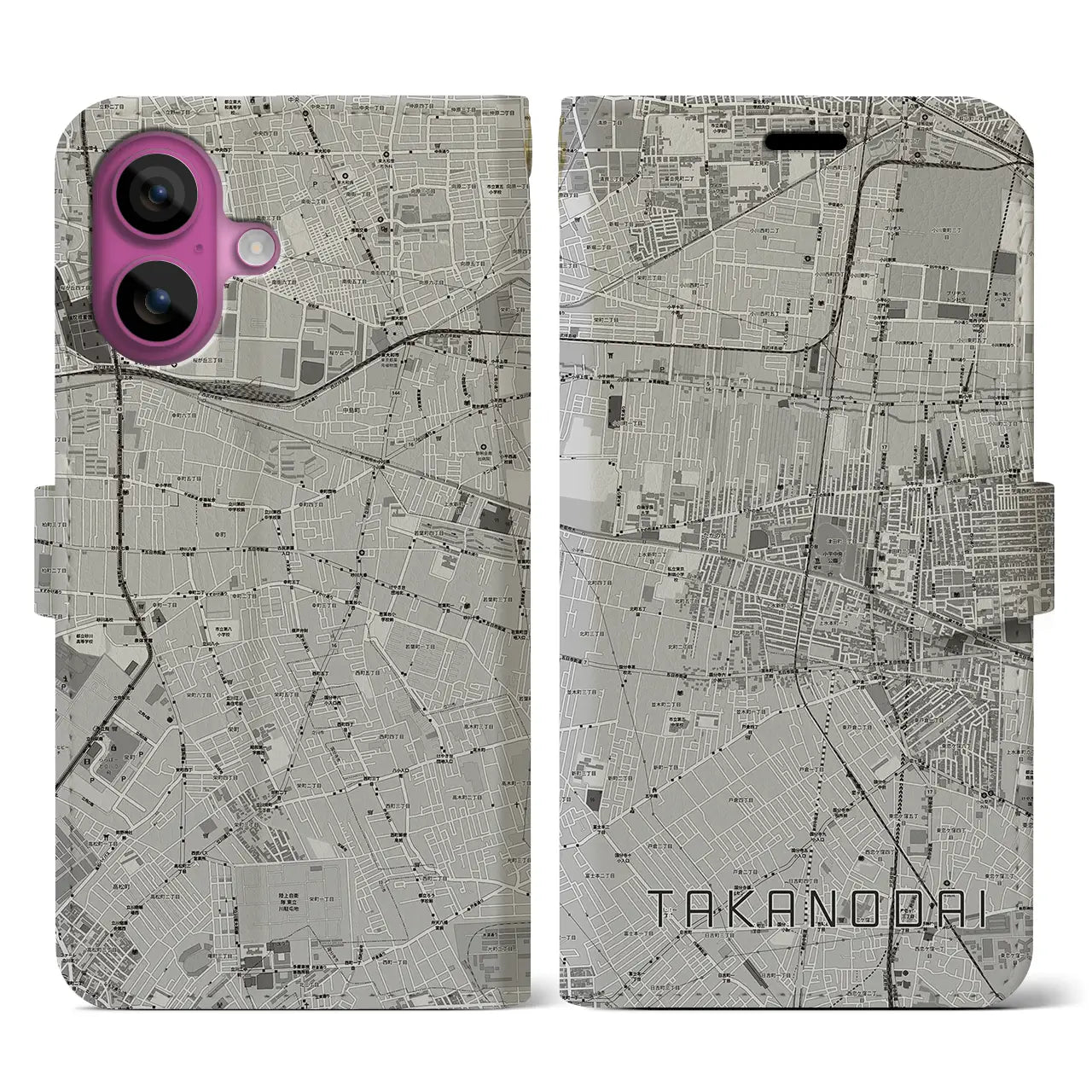 【鷹の台(東京都)】地図柄iPhoneケース(手帳タイプ)モノトーン・iPhone 16 Pro 用