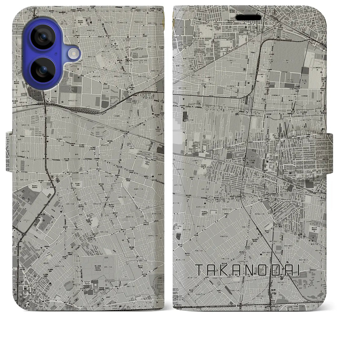 【鷹の台(東京都)】地図柄iPhoneケース(手帳タイプ)モノトーン・iPhone 16 Pro Max 用