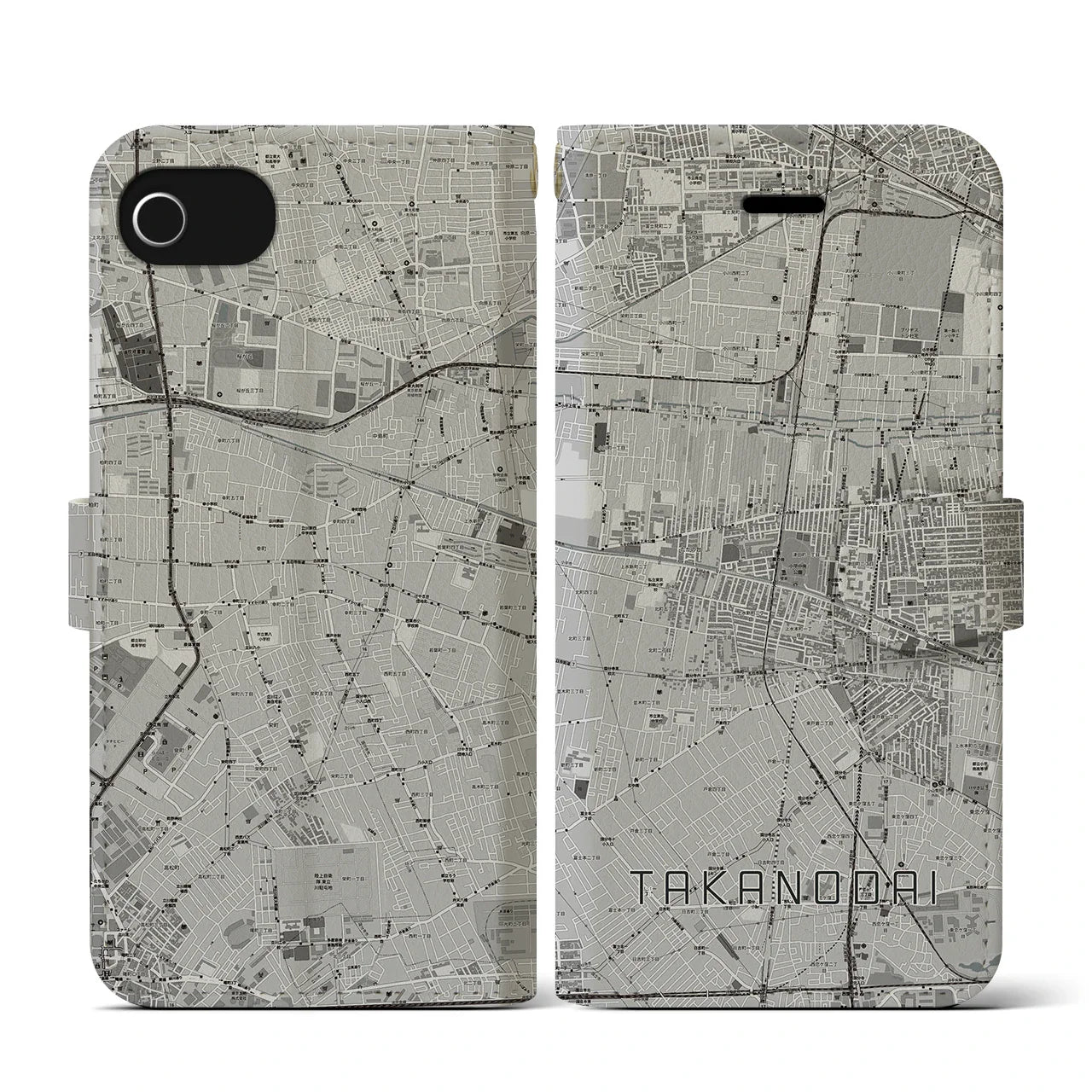 【鷹の台(東京都)】地図柄iPhoneケース(手帳タイプ)モノトーン・iPhone SE(第3 / 第2世代) / 8 / 7 / 6s / 6 用