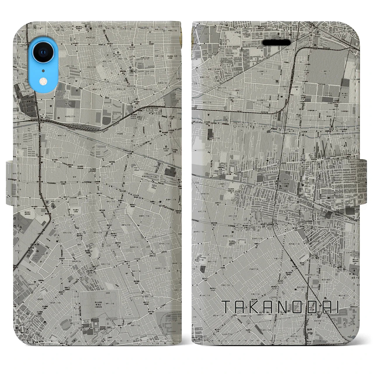 【鷹の台(東京都)】地図柄iPhoneケース(手帳タイプ)モノトーン・iPhone XR 用