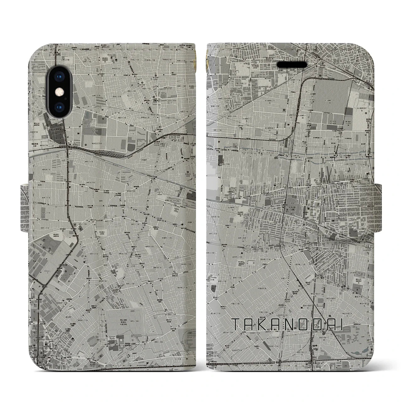 【鷹の台(東京都)】地図柄iPhoneケース(手帳タイプ)モノトーン・iPhone XS / X 用