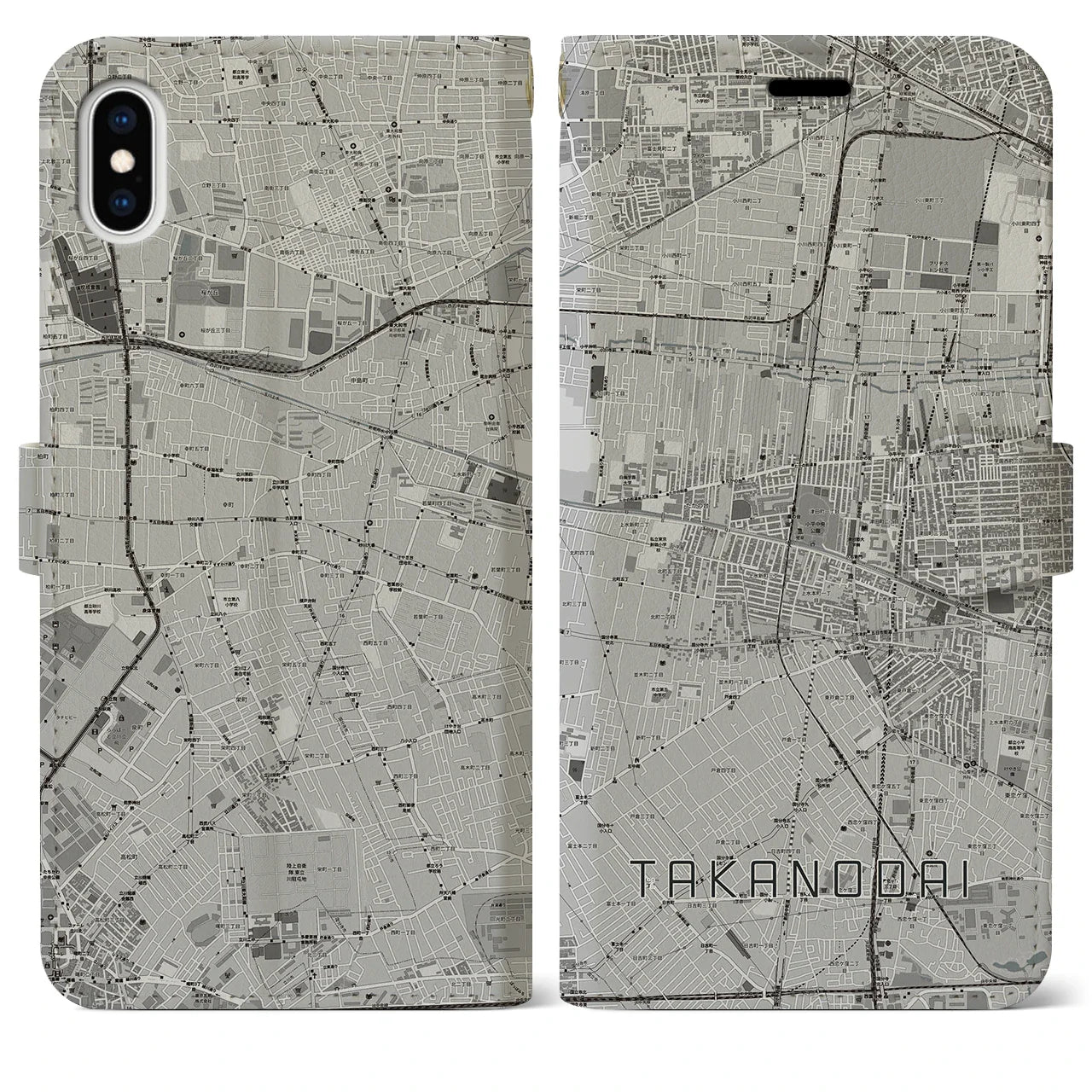 【鷹の台(東京都)】地図柄iPhoneケース(手帳タイプ)モノトーン・iPhone XS Max 用