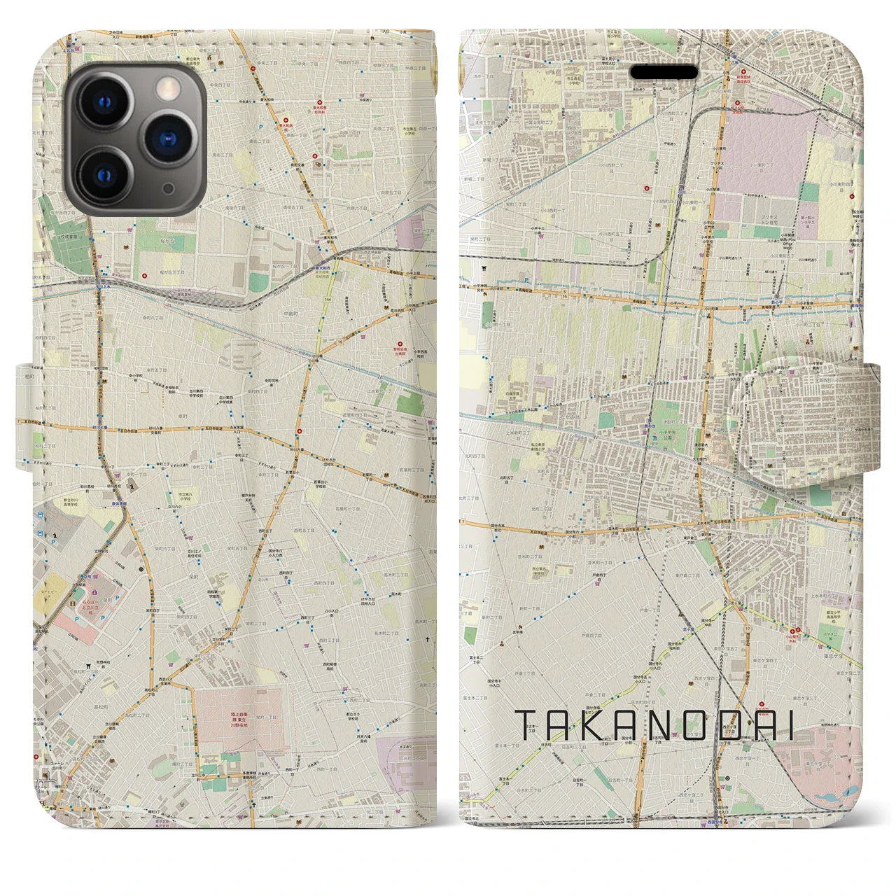【鷹の台(東京都)】地図柄iPhoneケース(手帳タイプ)ナチュラル・iPhone 11 Pro Max 用