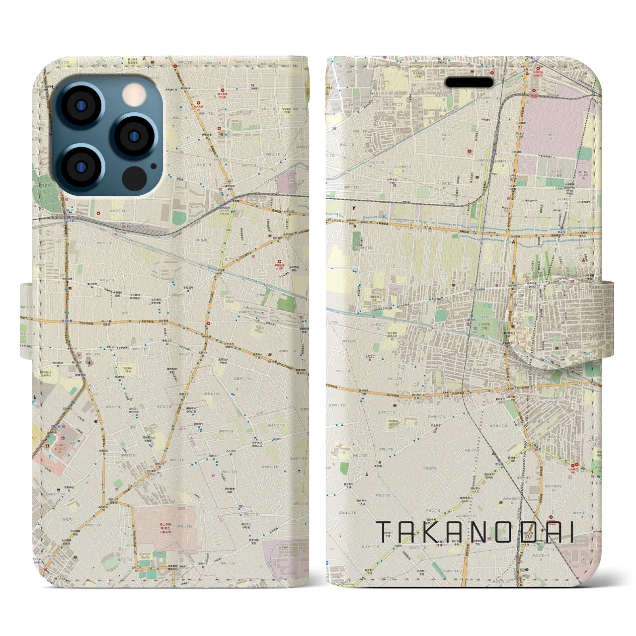 【鷹の台(東京都)】地図柄iPhoneケース(手帳タイプ)ナチュラル・iPhone 12 / 12 Pro 用
