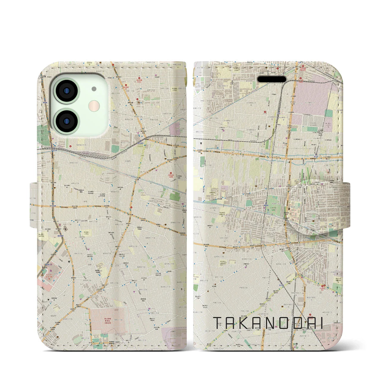 【鷹の台(東京都)】地図柄iPhoneケース(手帳タイプ)ナチュラル・iPhone 12 mini 用