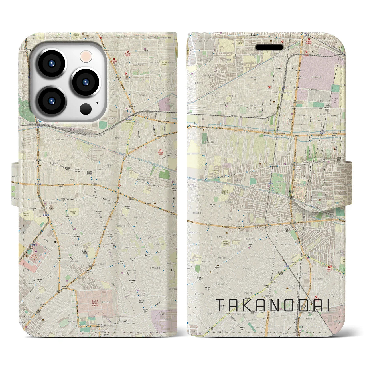 【鷹の台(東京都)】地図柄iPhoneケース(手帳タイプ)ナチュラル・iPhone 13 Pro 用