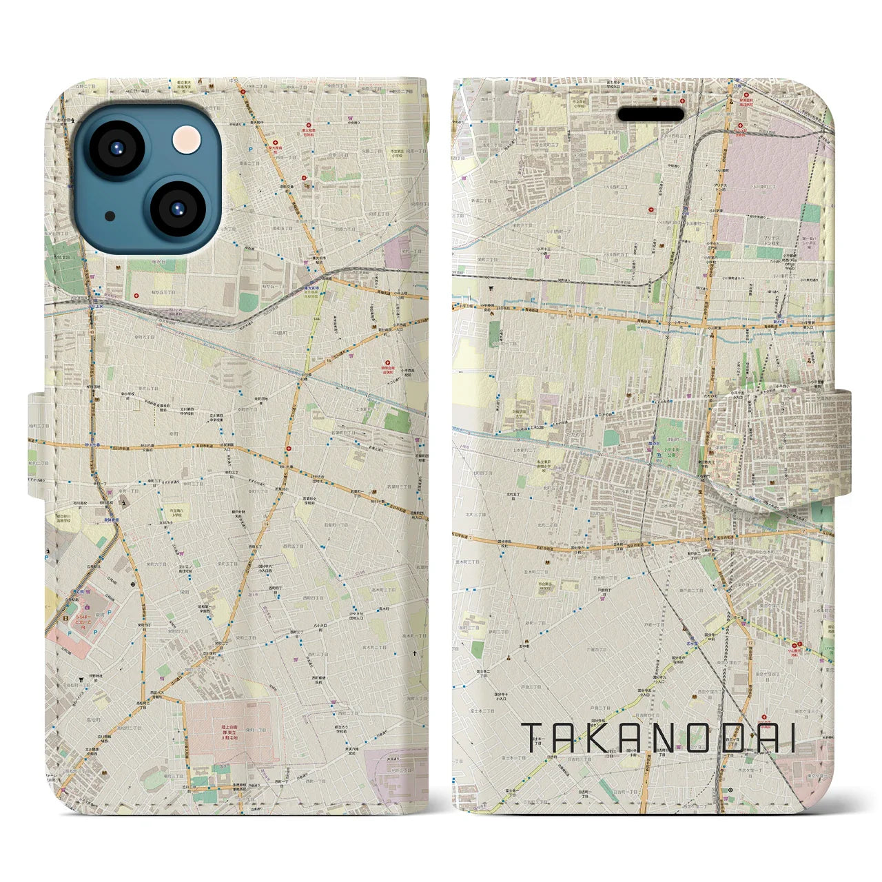 【鷹の台(東京都)】地図柄iPhoneケース(手帳タイプ)ナチュラル・iPhone 13 用