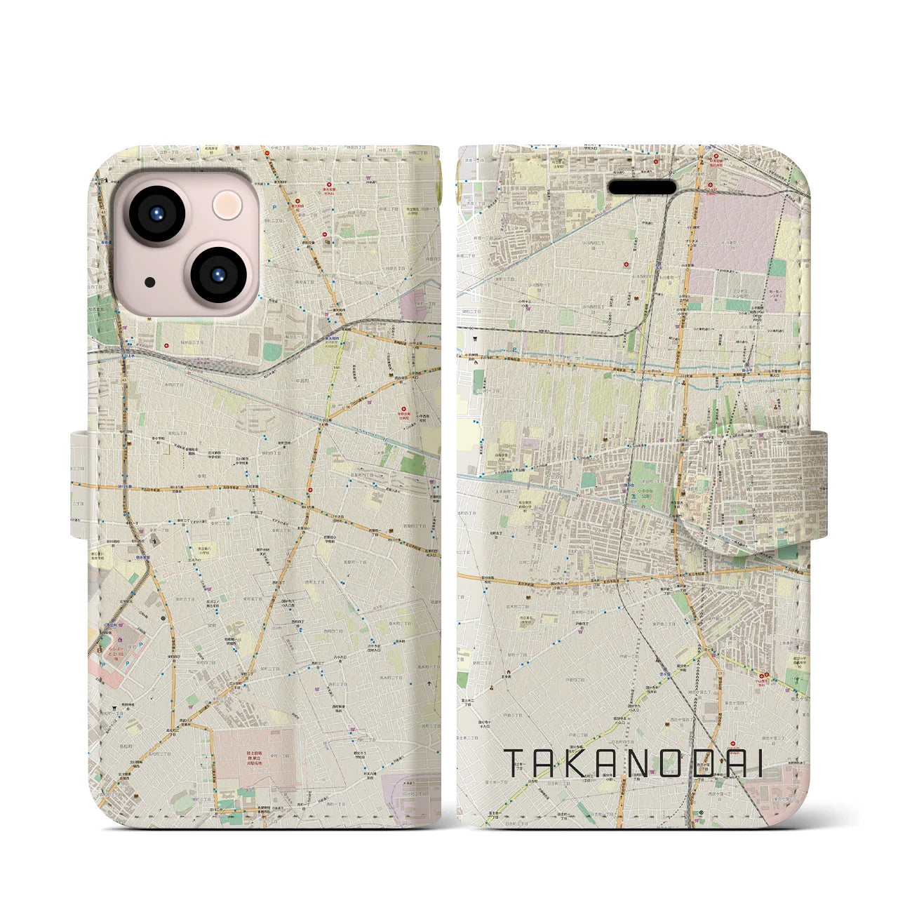 【鷹の台(東京都)】地図柄iPhoneケース(手帳タイプ)ナチュラル・iPhone 13 mini 用