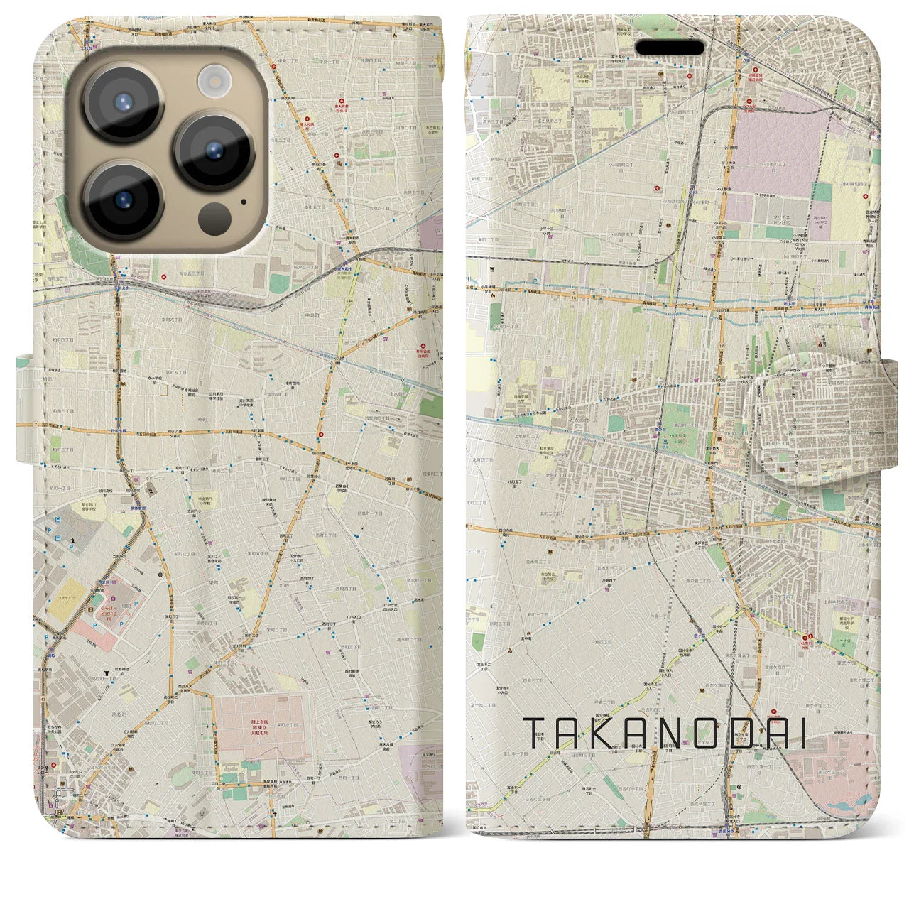 【鷹の台(東京都)】地図柄iPhoneケース(手帳タイプ)ナチュラル・iPhone 14 Pro Max 用