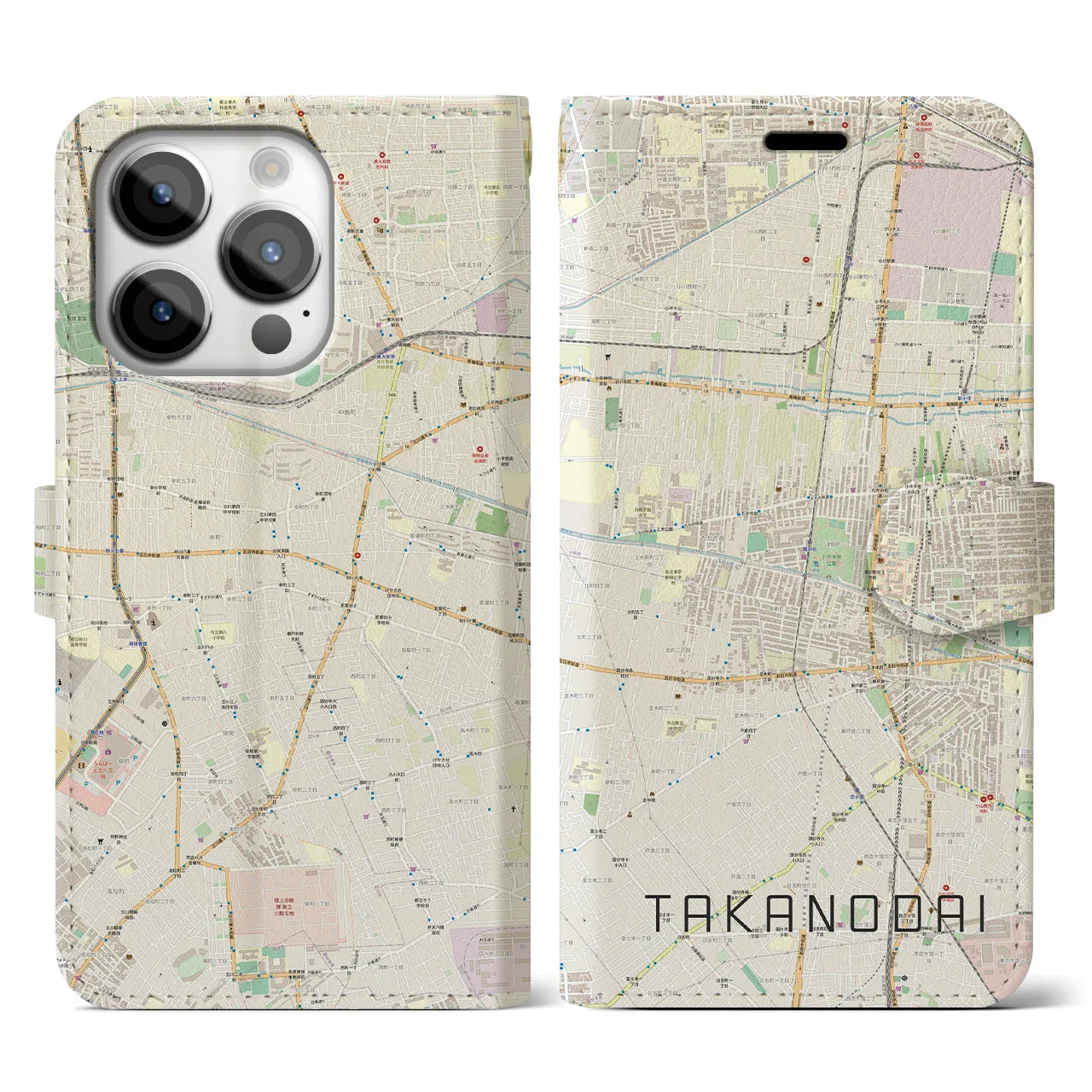 【鷹の台(東京都)】地図柄iPhoneケース(手帳タイプ)ナチュラル・iPhone 14 Pro 用