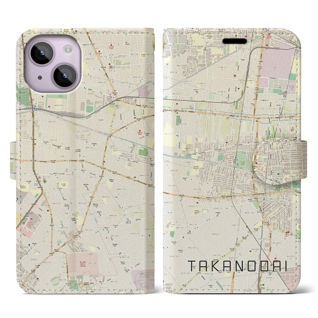 【鷹の台(東京都)】地図柄iPhoneケース(手帳タイプ)ナチュラル・iPhone 14 用