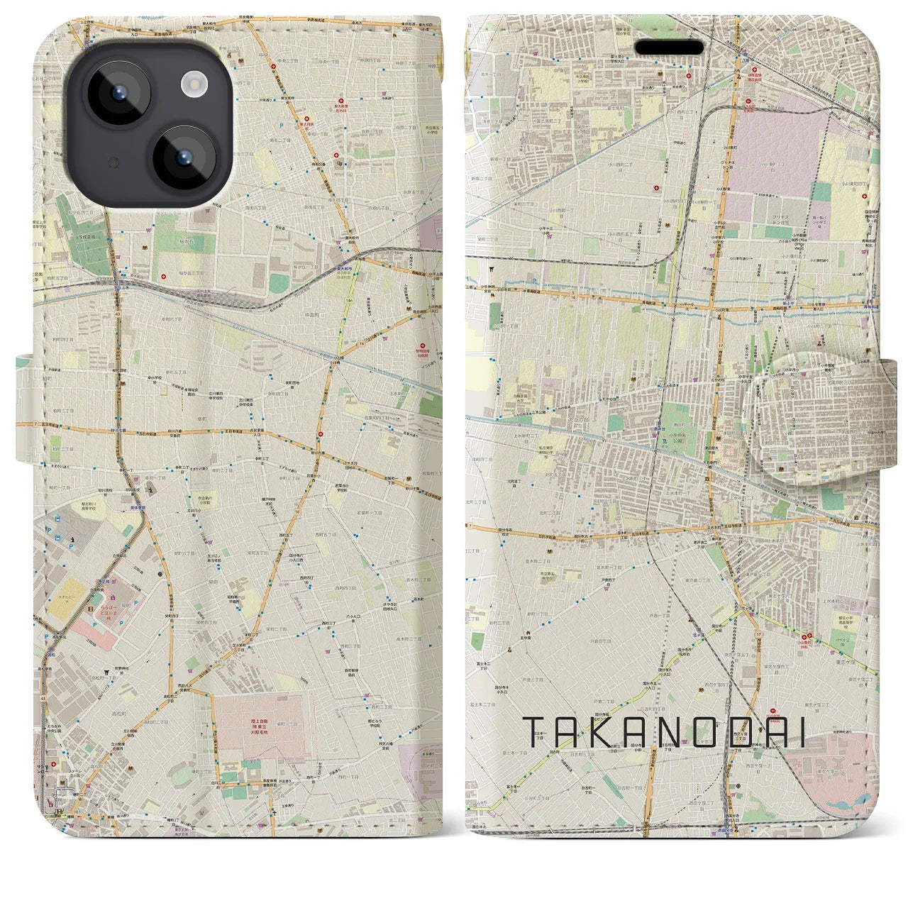 【鷹の台(東京都)】地図柄iPhoneケース(手帳タイプ)ナチュラル・iPhone 14 Plus 用