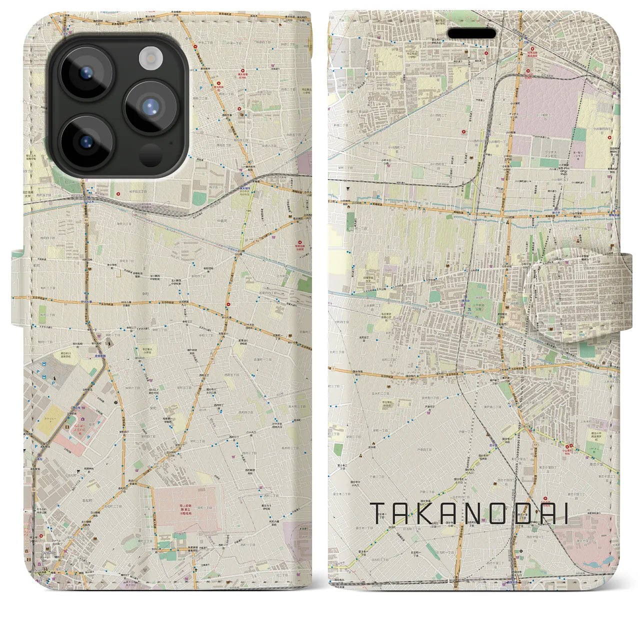 【鷹の台(東京都)】地図柄iPhoneケース(手帳タイプ)ナチュラル・iPhone 15 Pro Max 用