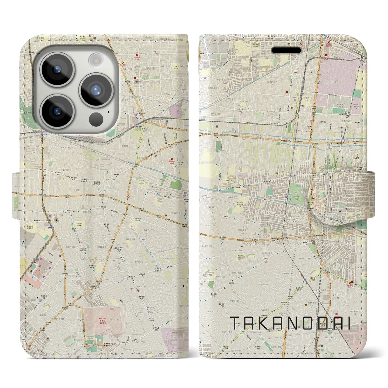 【鷹の台(東京都)】地図柄iPhoneケース(手帳タイプ)ナチュラル・iPhone 15 Pro 用