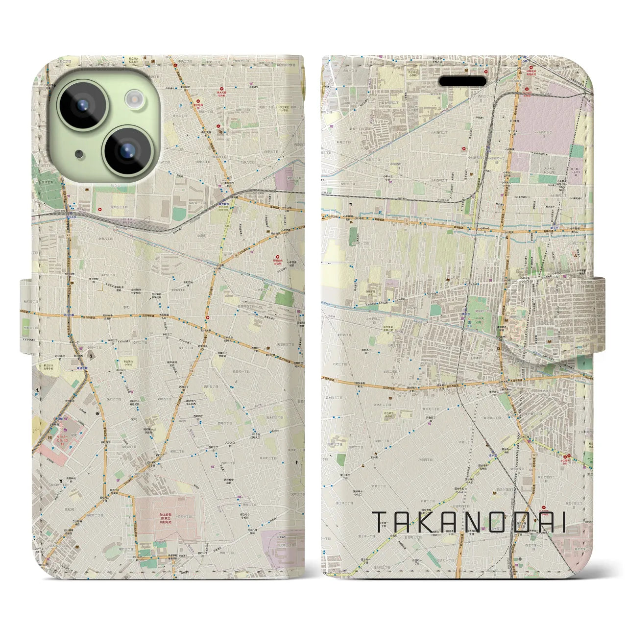 【鷹の台(東京都)】地図柄iPhoneケース(手帳タイプ)ナチュラル・iPhone 15 用