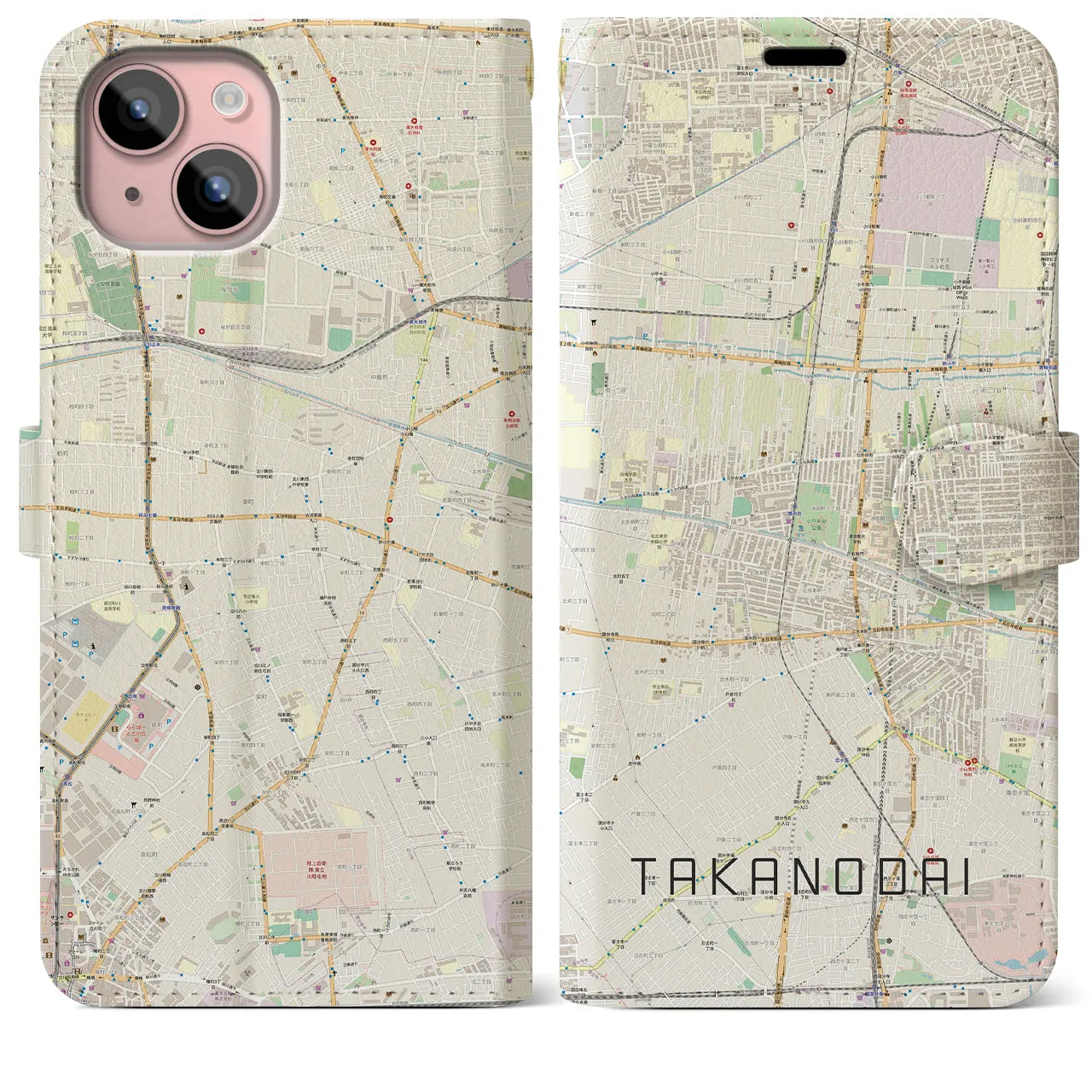 【鷹の台(東京都)】地図柄iPhoneケース(手帳タイプ)ナチュラル・iPhone 15 Plus 用