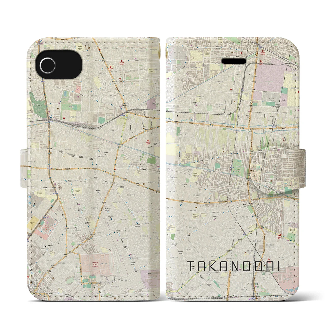 【鷹の台(東京都)】地図柄iPhoneケース(手帳タイプ)ナチュラル・iPhone SE(第3 / 第2世代) / 8 / 7 / 6s / 6 用