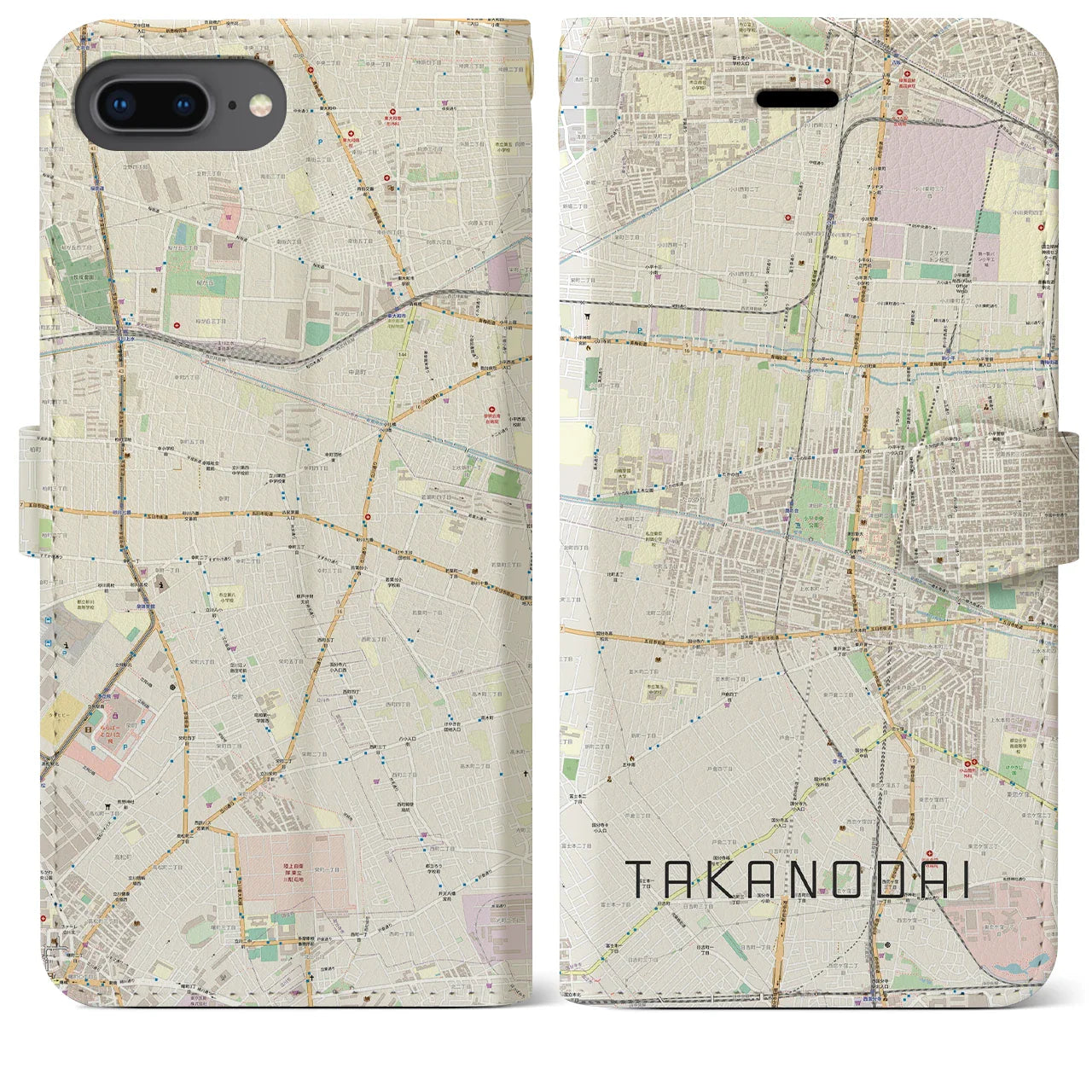 【鷹の台(東京都)】地図柄iPhoneケース(手帳タイプ)ナチュラル・iPhone 8Plus /7Plus / 6sPlus / 6Plus 用