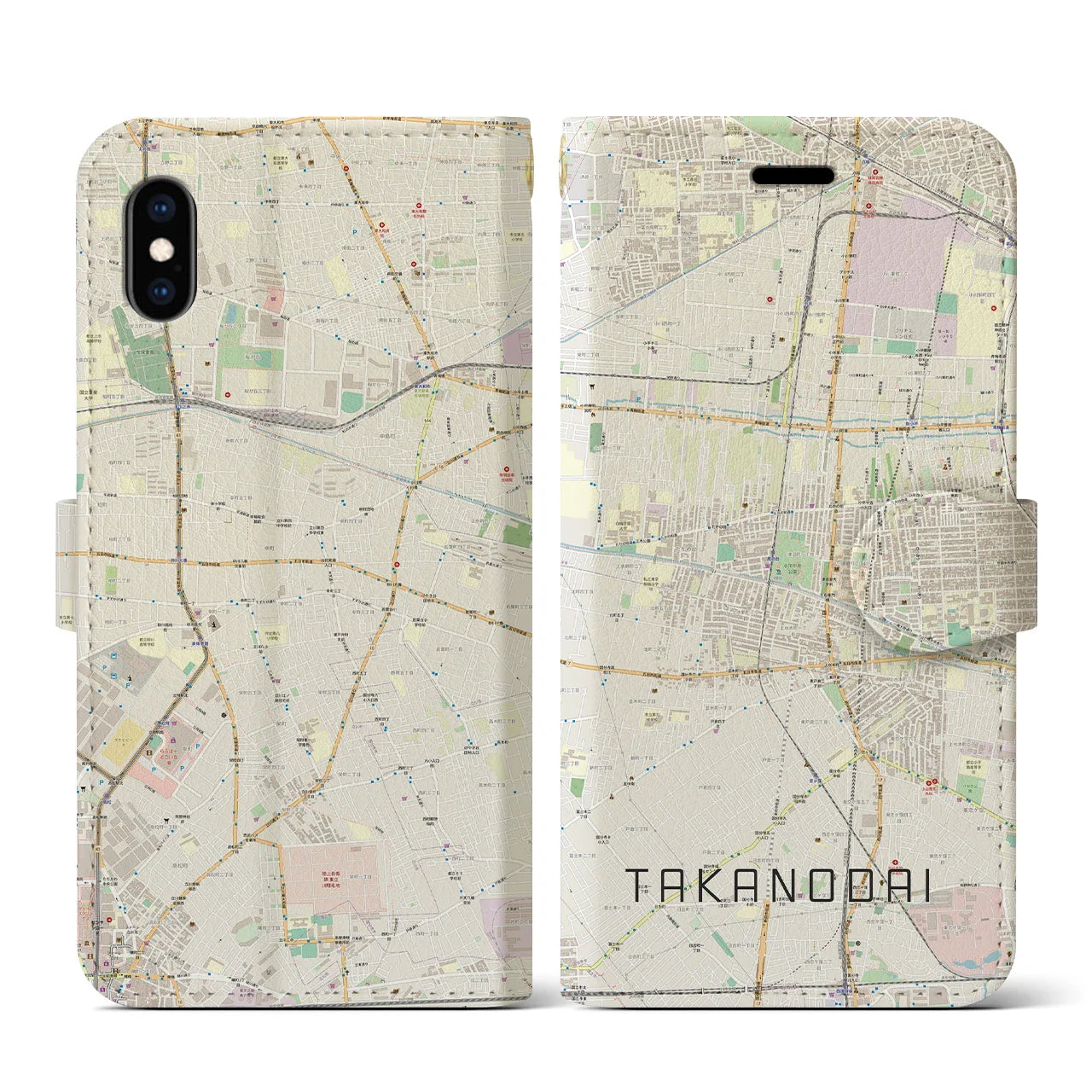【鷹の台(東京都)】地図柄iPhoneケース(手帳タイプ)ナチュラル・iPhone XS / X 用