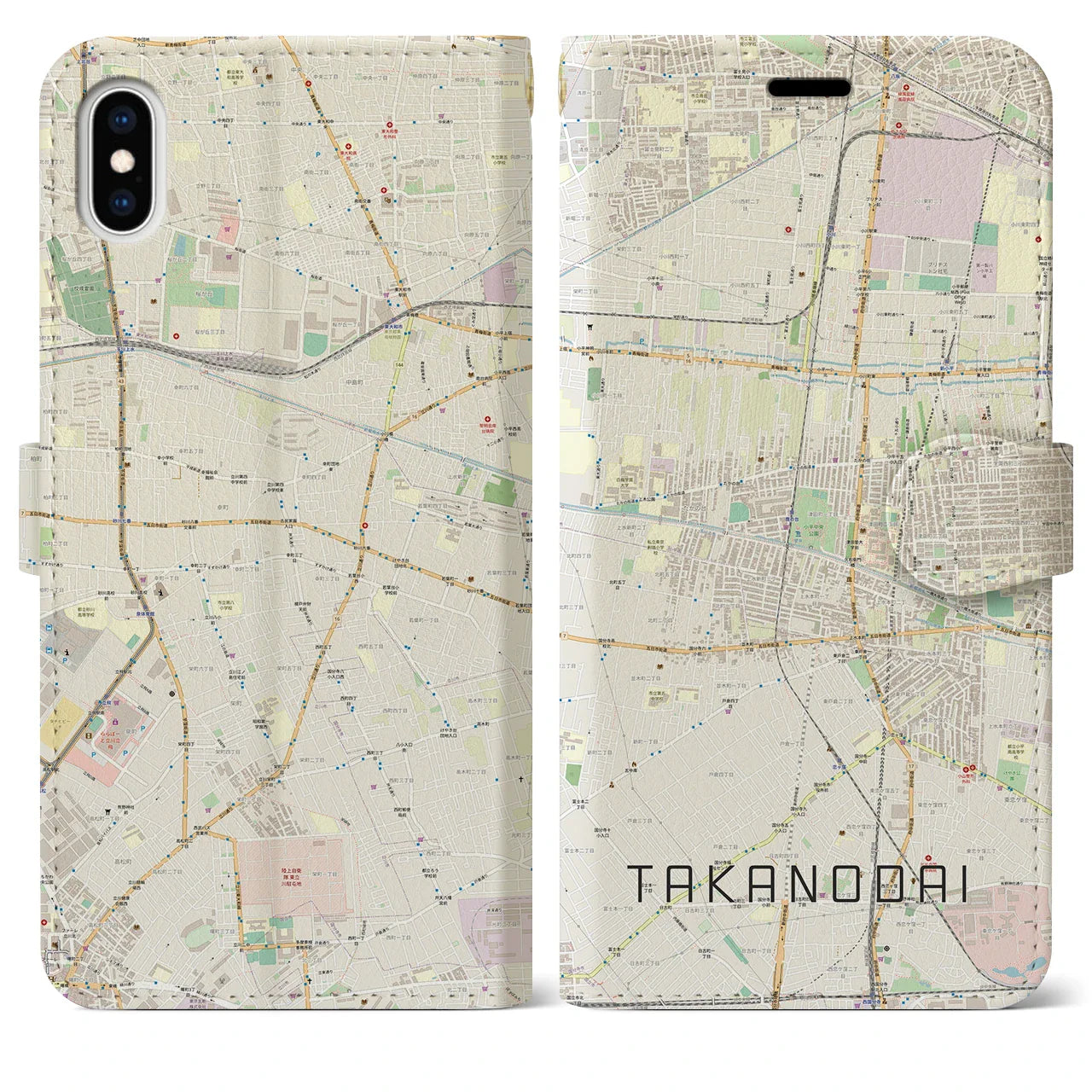 【鷹の台(東京都)】地図柄iPhoneケース(手帳タイプ)ナチュラル・iPhone XS Max 用