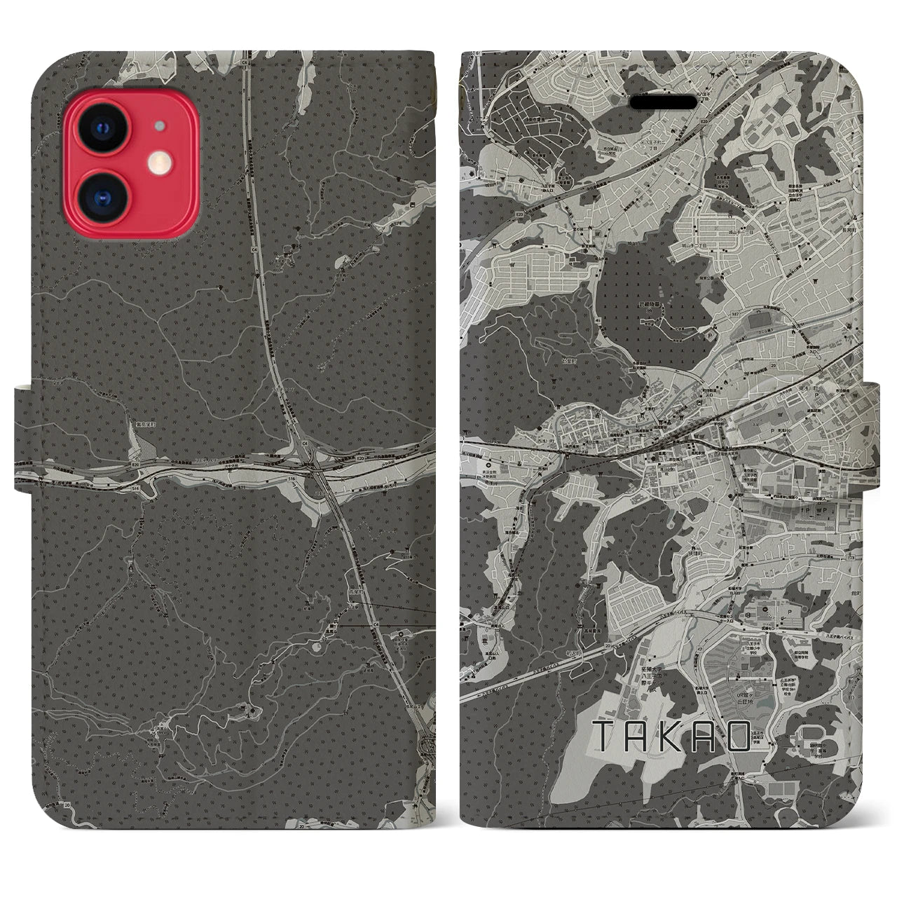 【高尾(東京都)】地図柄iPhoneケース(手帳タイプ)モノトーン・iPhone 11 用