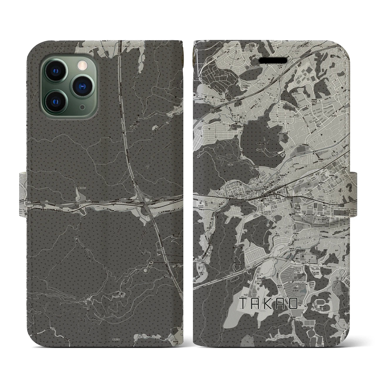 【高尾(東京都)】地図柄iPhoneケース(手帳タイプ)モノトーン・iPhone 11 Pro 用