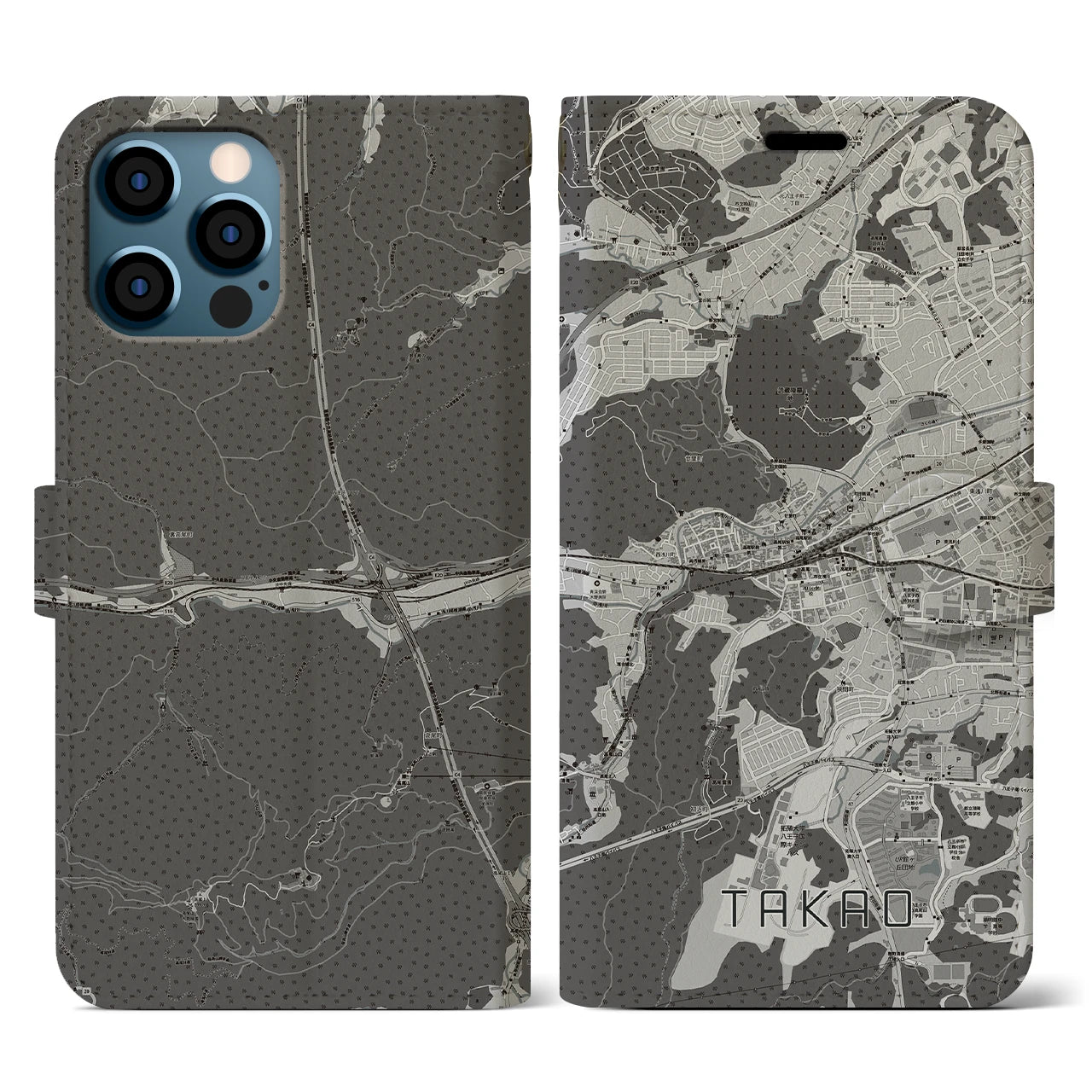 【高尾(東京都)】地図柄iPhoneケース(手帳タイプ)モノトーン・iPhone 12 / 12 Pro 用