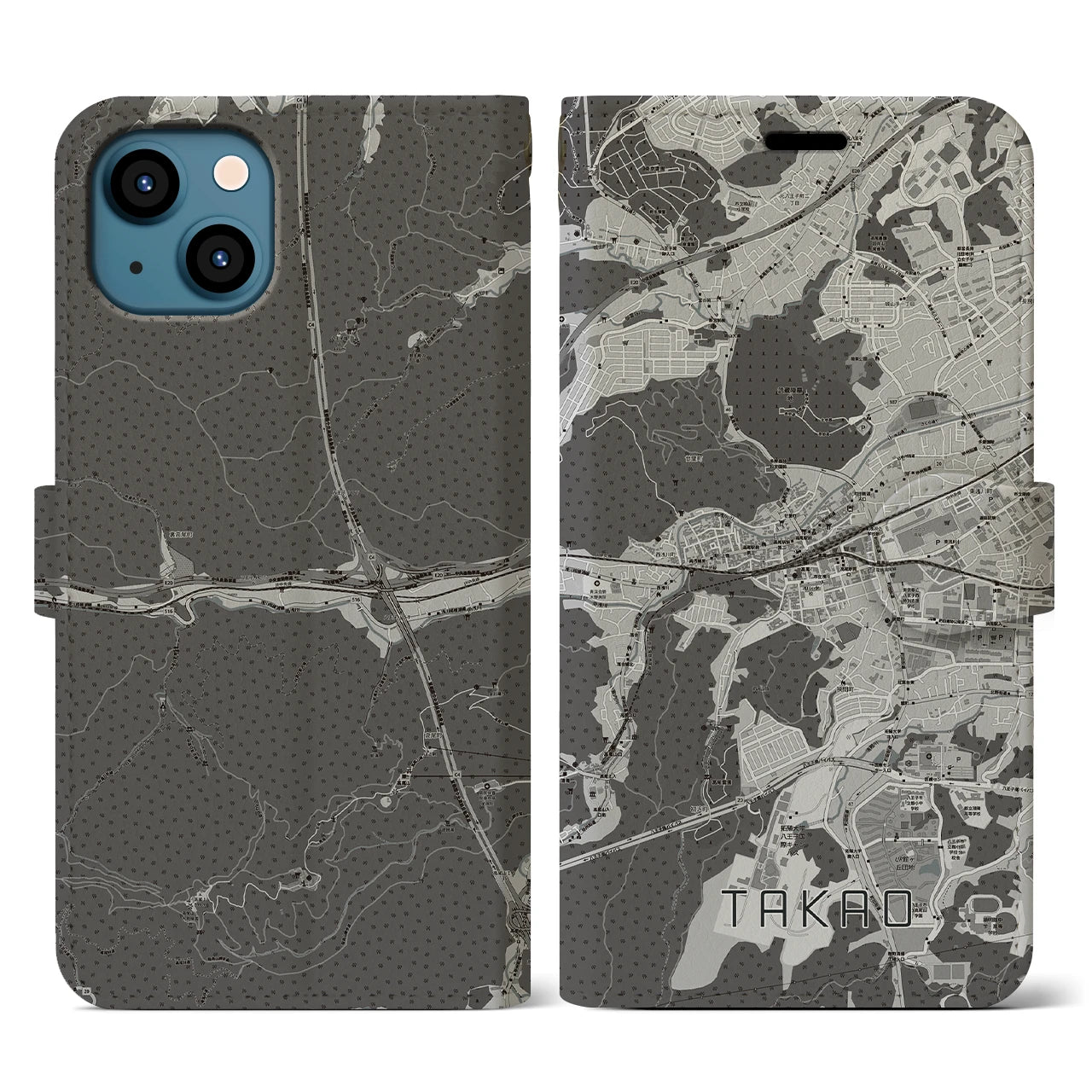 【高尾(東京都)】地図柄iPhoneケース(手帳タイプ)モノトーン・iPhone 13 用