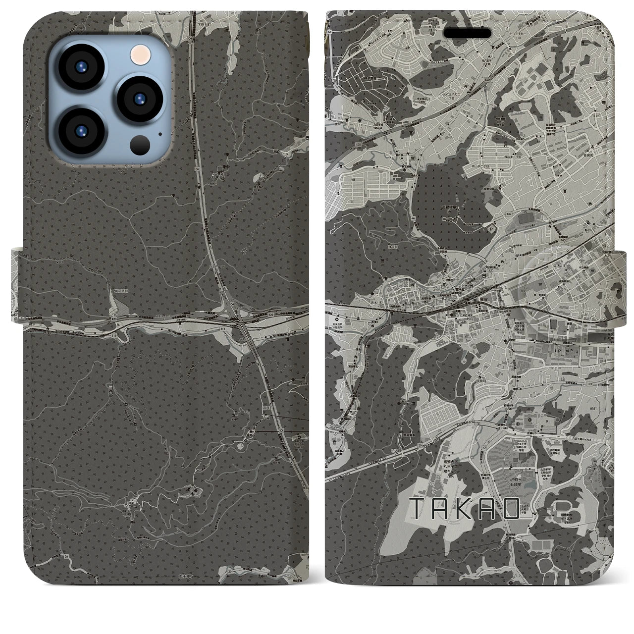 【高尾(東京都)】地図柄iPhoneケース(手帳タイプ)モノトーン・iPhone 13 Pro Max 用