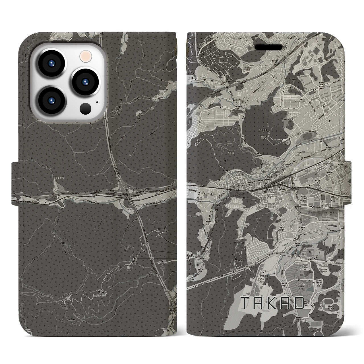 【高尾(東京都)】地図柄iPhoneケース(手帳タイプ)モノトーン・iPhone 13 Pro 用