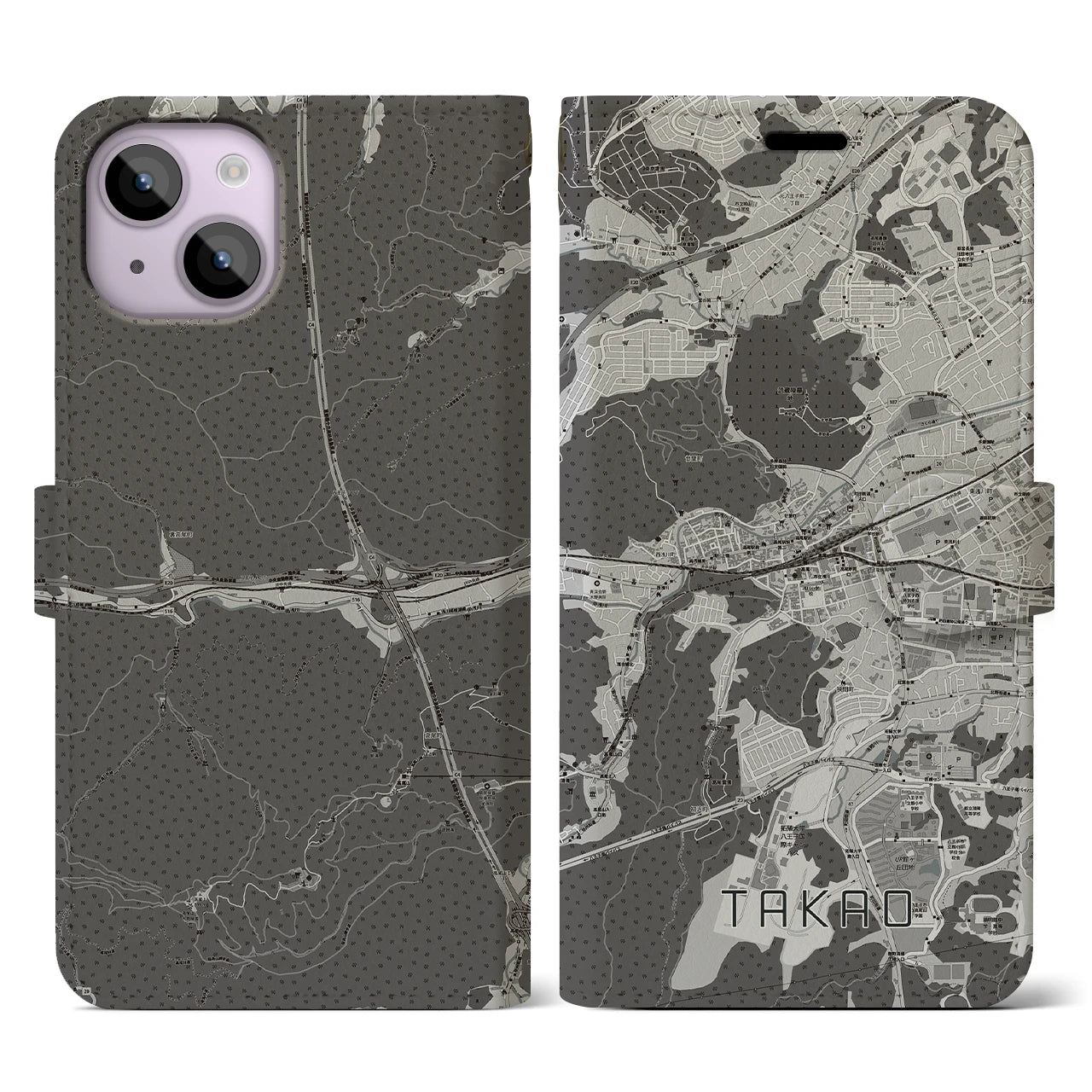 【高尾(東京都)】地図柄iPhoneケース(手帳タイプ)モノトーン・iPhone 14 用